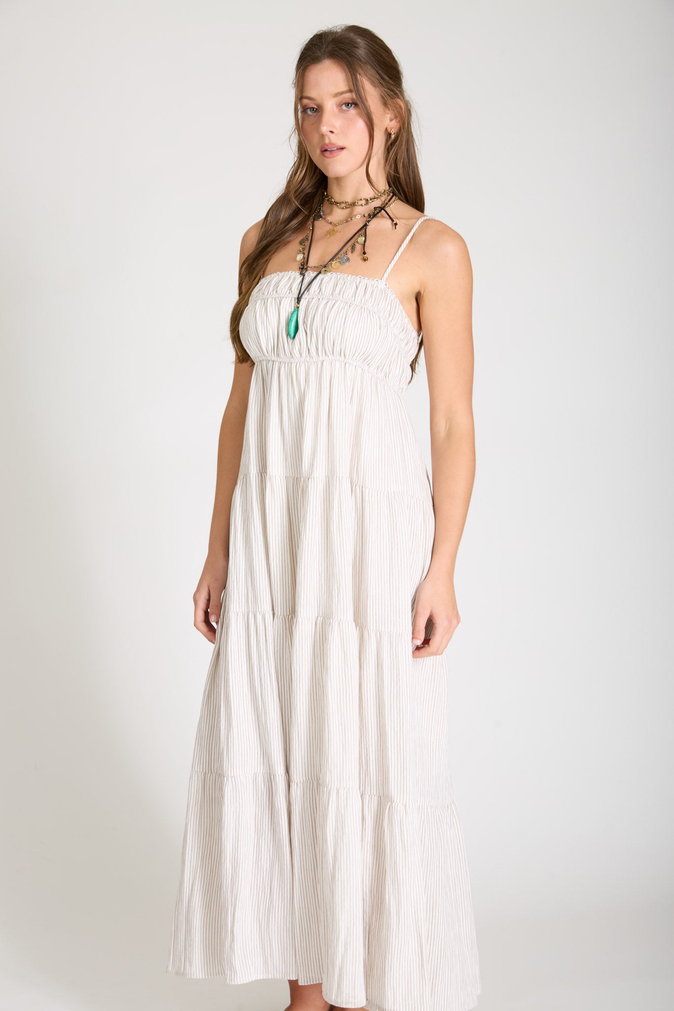 STRIPE SHIRRED EMPIRE WAIST TIERED MIDI DRESS