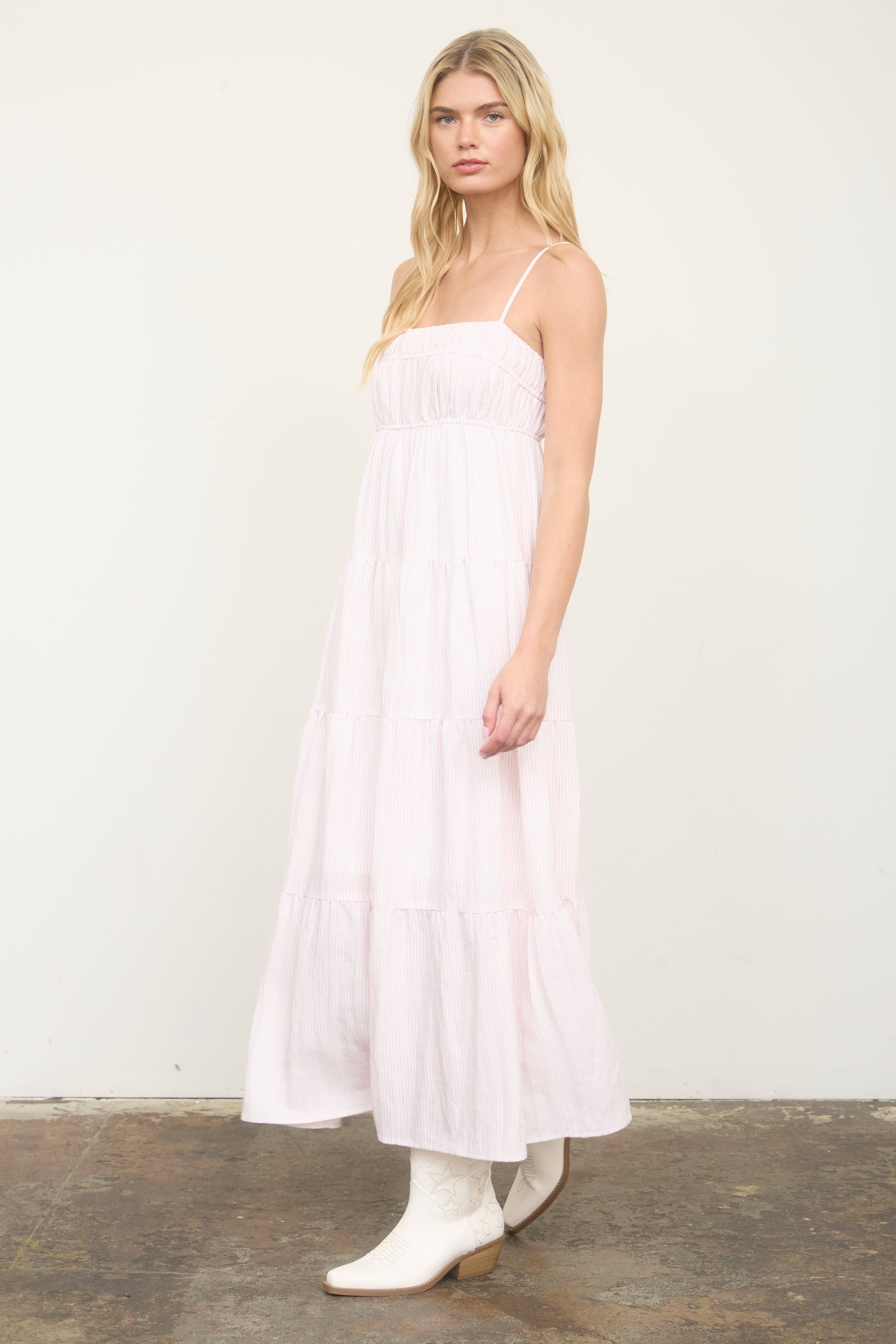 STRIPE SHIRRED EMPIRE WAIST TIERED MIDI DRESS