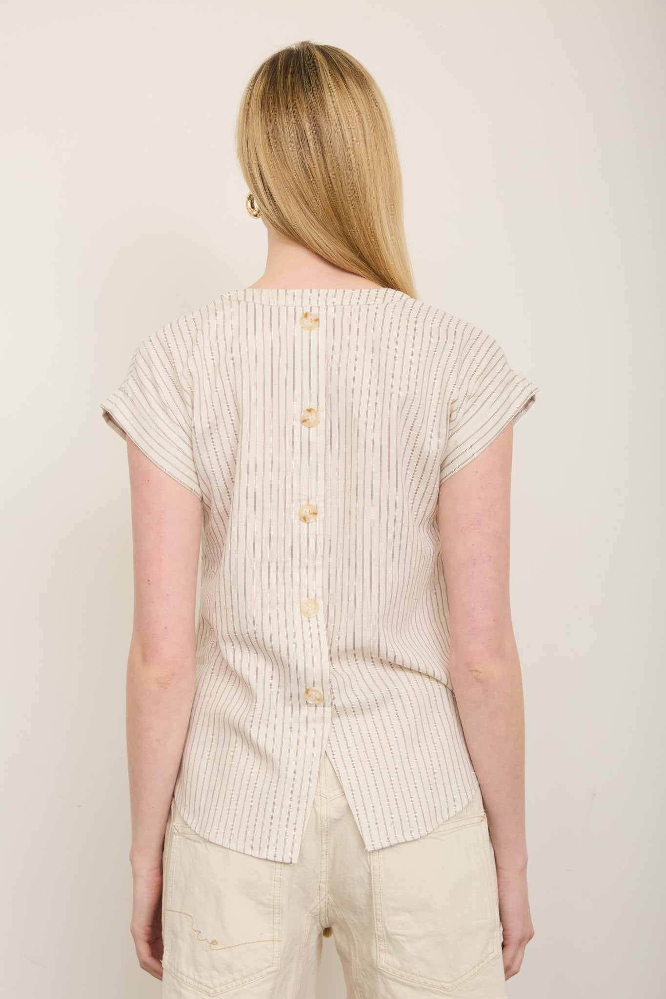 SPLIT NECK STRIPE SHORT CUFFED SLEEVE TOP