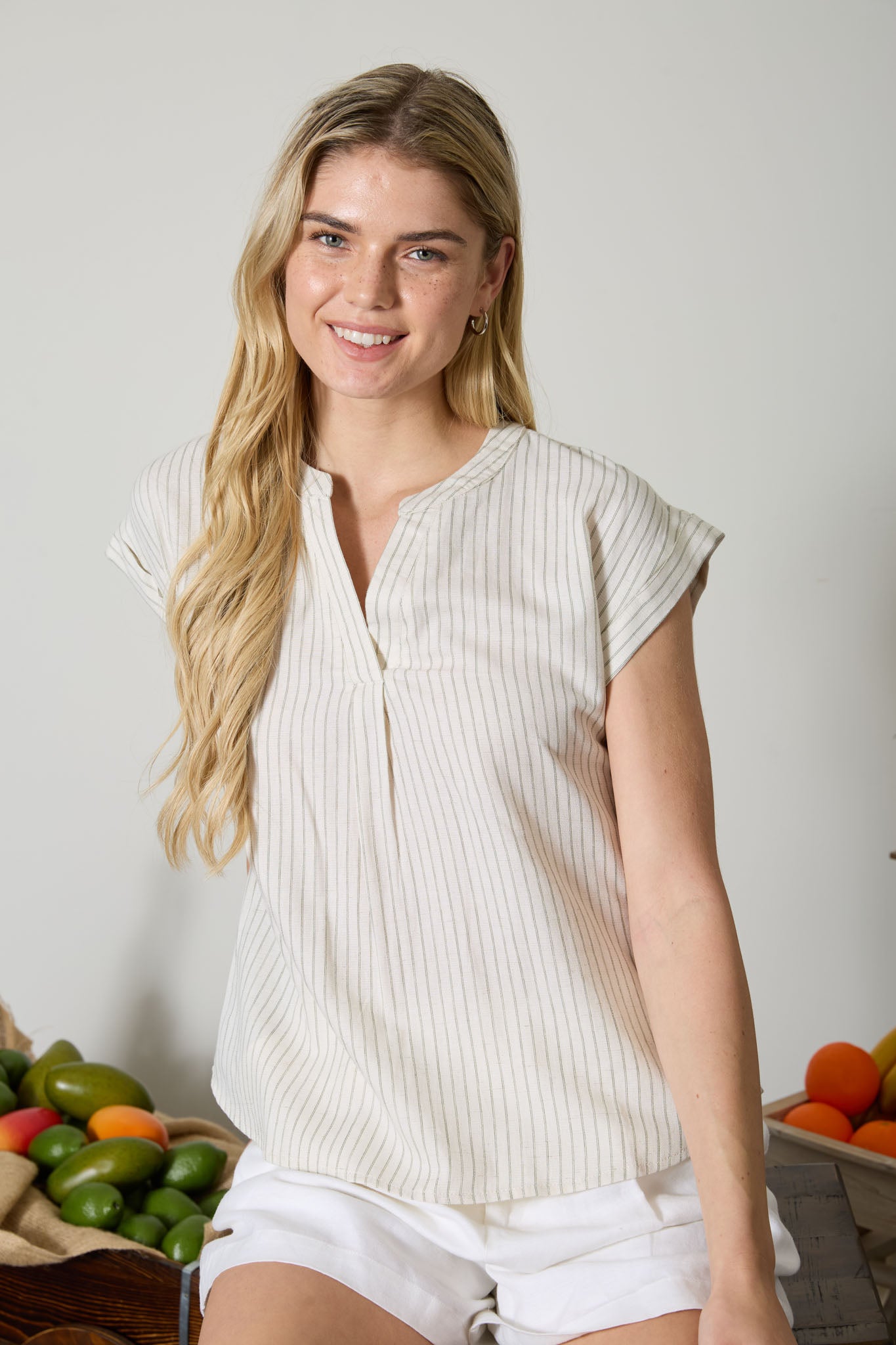 SPLIT NECK STRIPE SHORT CUFFED SLEEVE TOP