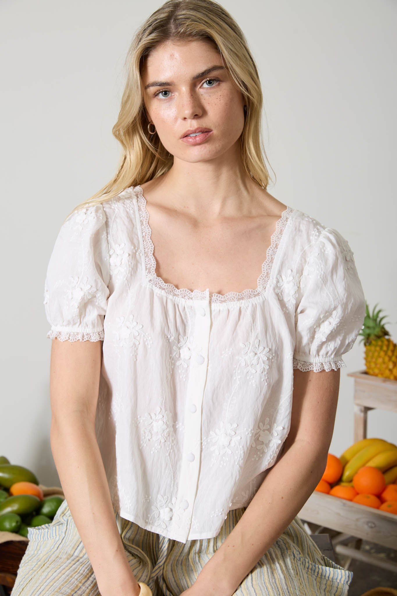 FLORAL EMBROIDERY LACE TRIM PUFF SLEEVE TOP