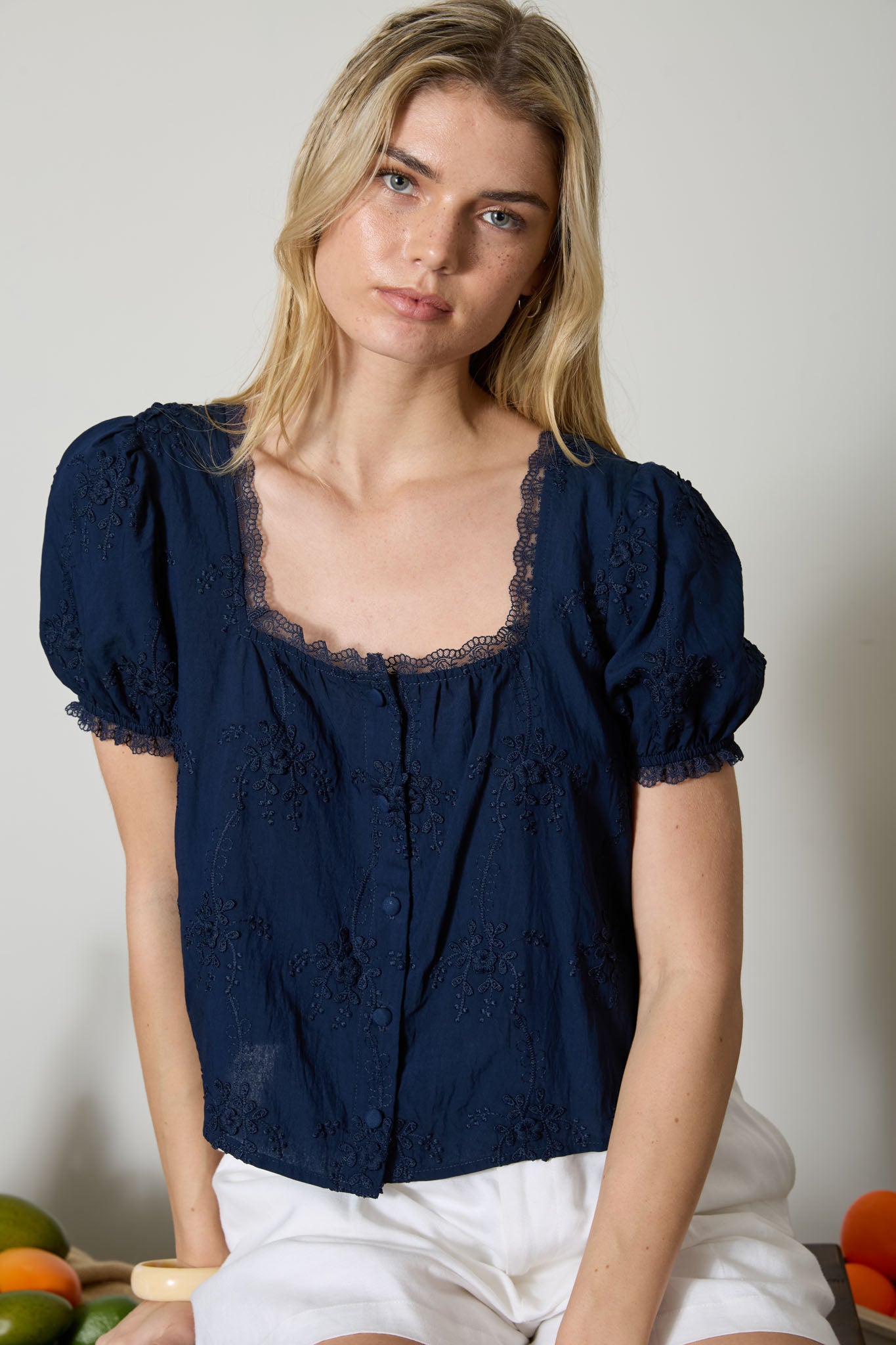 FLORAL EMBROIDERY LACE TRIM PUFF SLEEVE TOP