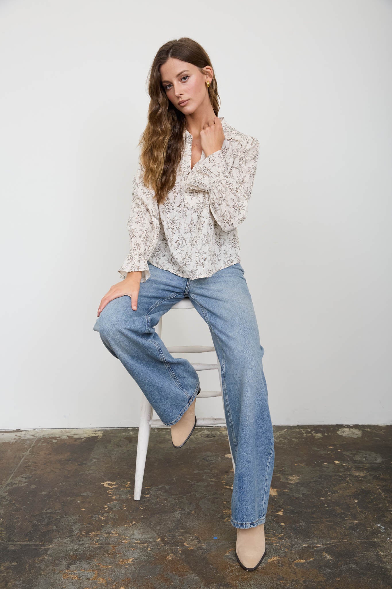FLORAL LEAF PRINT SPLIT NECK LONG SLEEVE BLOUSE (PRE-ORDER)