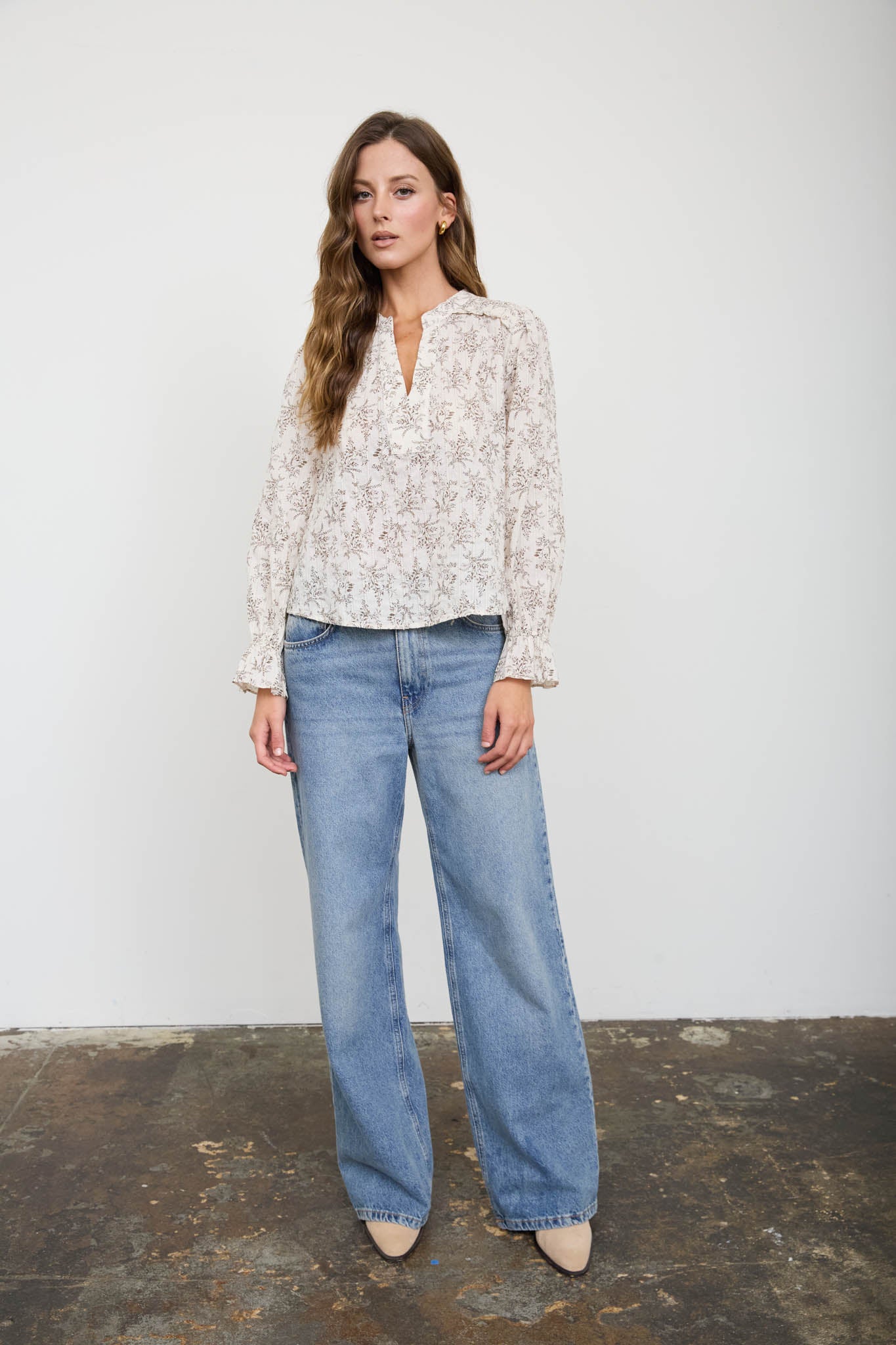 FLORAL LEAF PRINT SPLIT NECK LONG SLEEVE BLOUSE (PRE-ORDER)