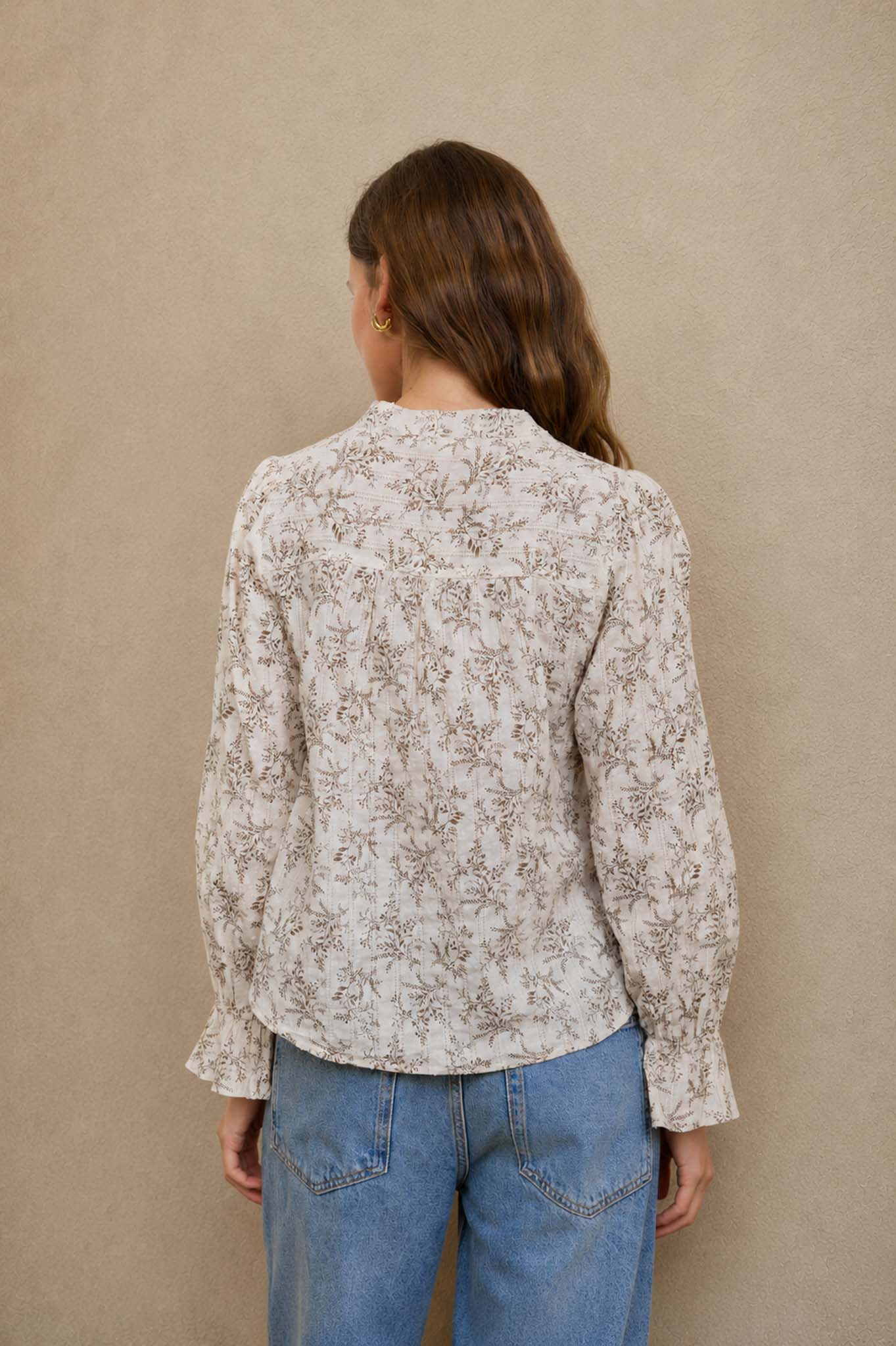 FLORAL LEAF PRINT SPLIT NECK LONG SLEEVE BLOUSE (PRE-ORDER)