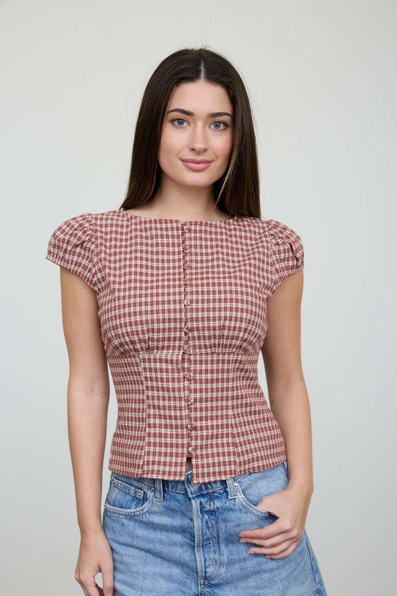 PLAID BUTTON DOWN PUFF SLEEVE CONTOURED WAIST TOP