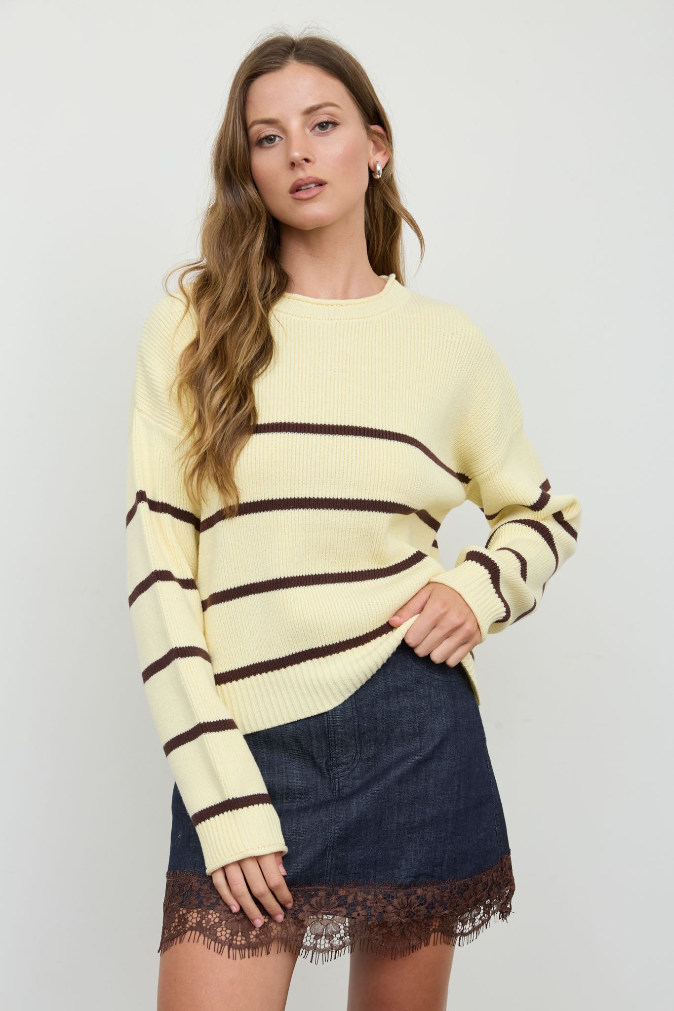 STRIPE RAW CREW NECK LONG SLEEVE SWEATER