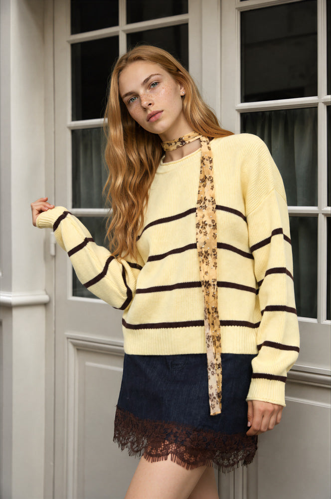 STRIPE RAW CREW NECK LONG SLEEVE SWEATER