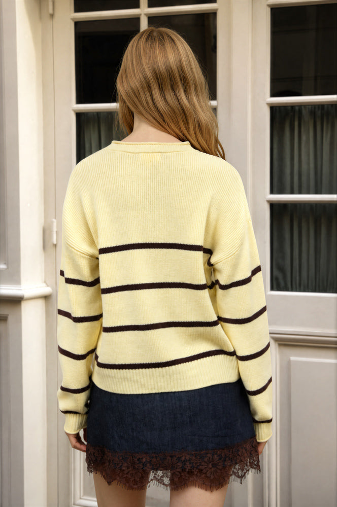 STRIPE RAW CREW NECK LONG SLEEVE SWEATER