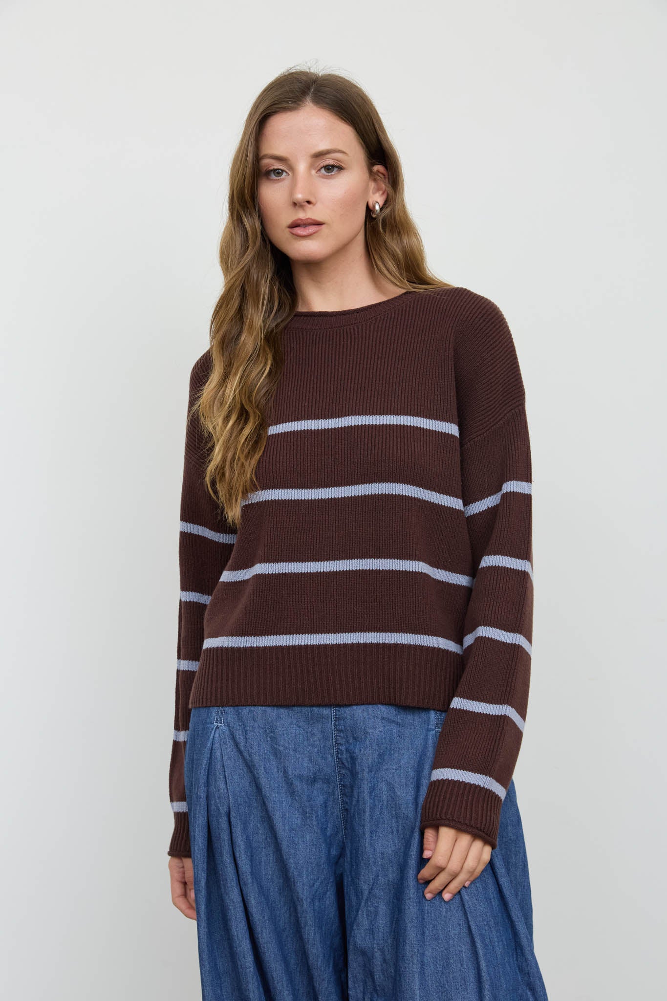 STRIPE RAW CREW NECK LONG SLEEVE SWEATER