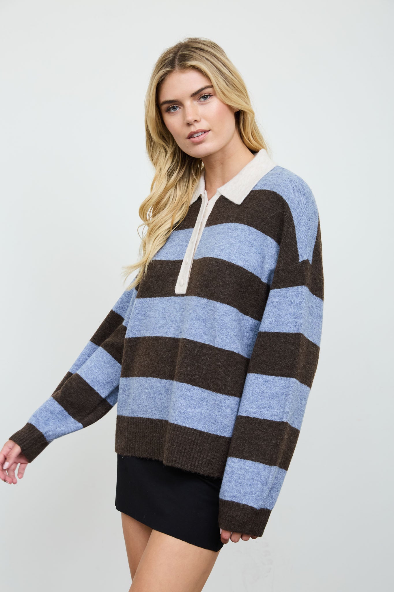HEATHERED STRIPE POLO COLLAR LONG SLEEVE SWEATER