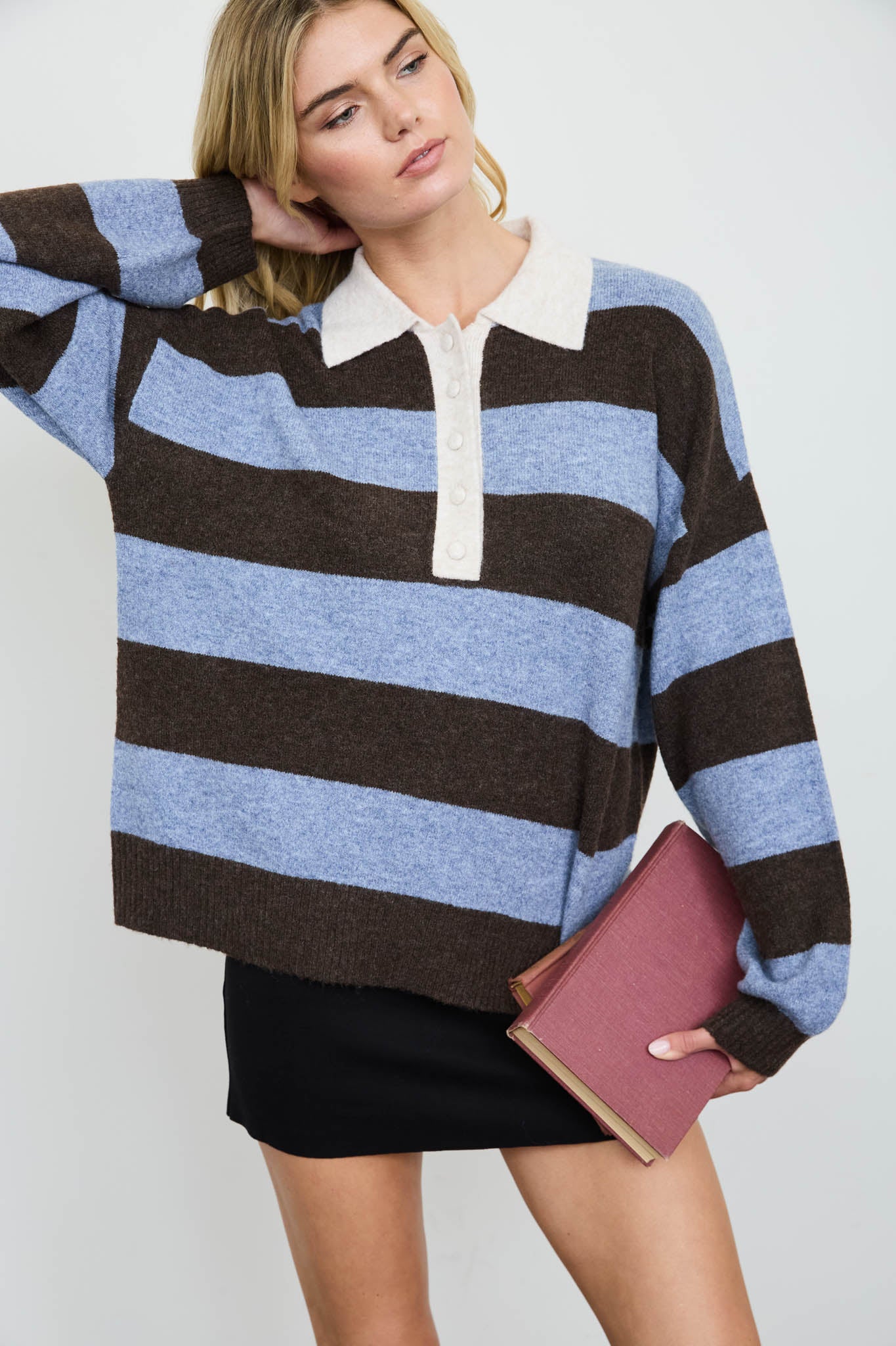HEATHERED STRIPE POLO COLLAR LONG SLEEVE SWEATER