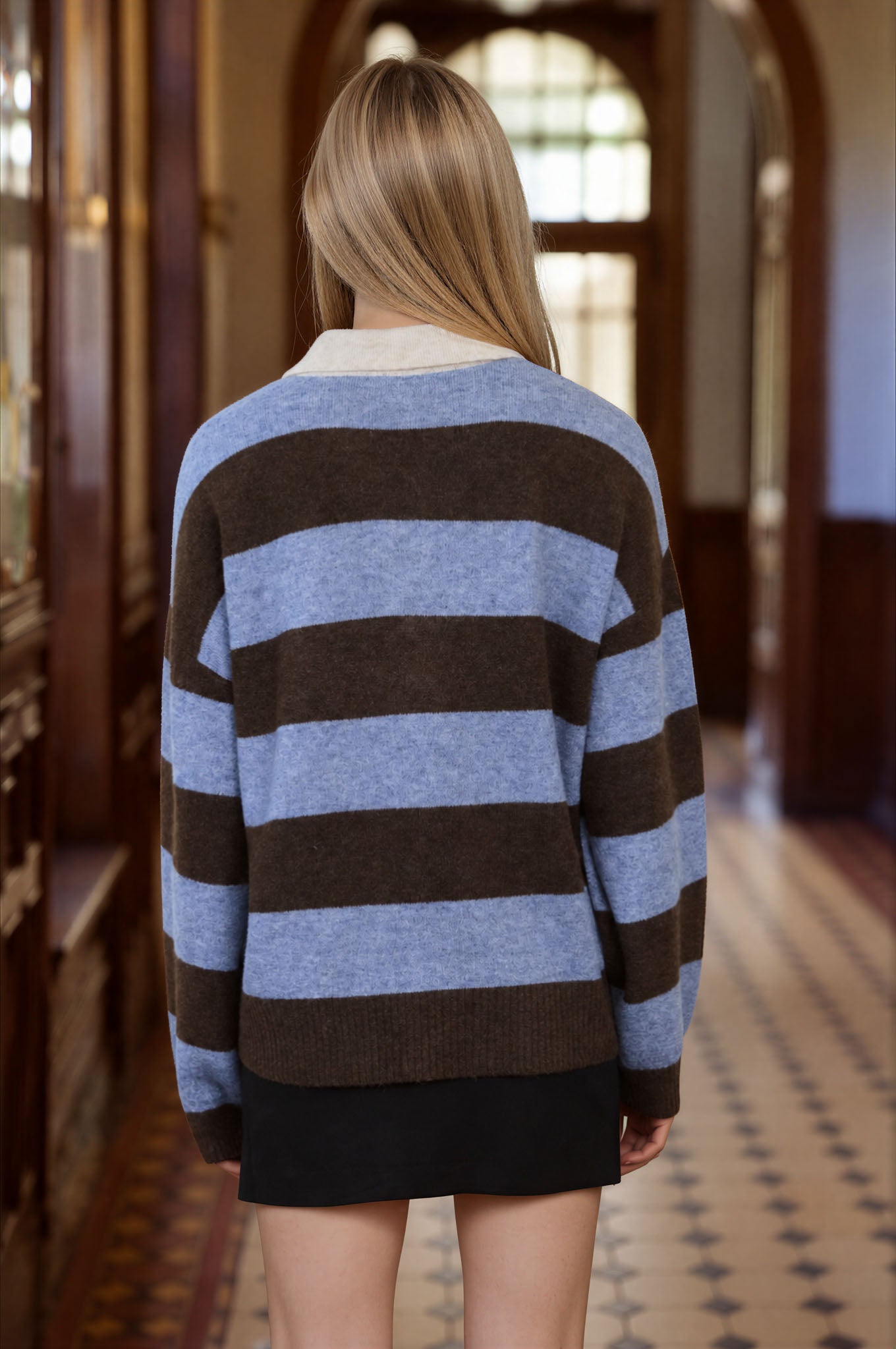 HEATHERED STRIPE POLO COLLAR LONG SLEEVE SWEATER