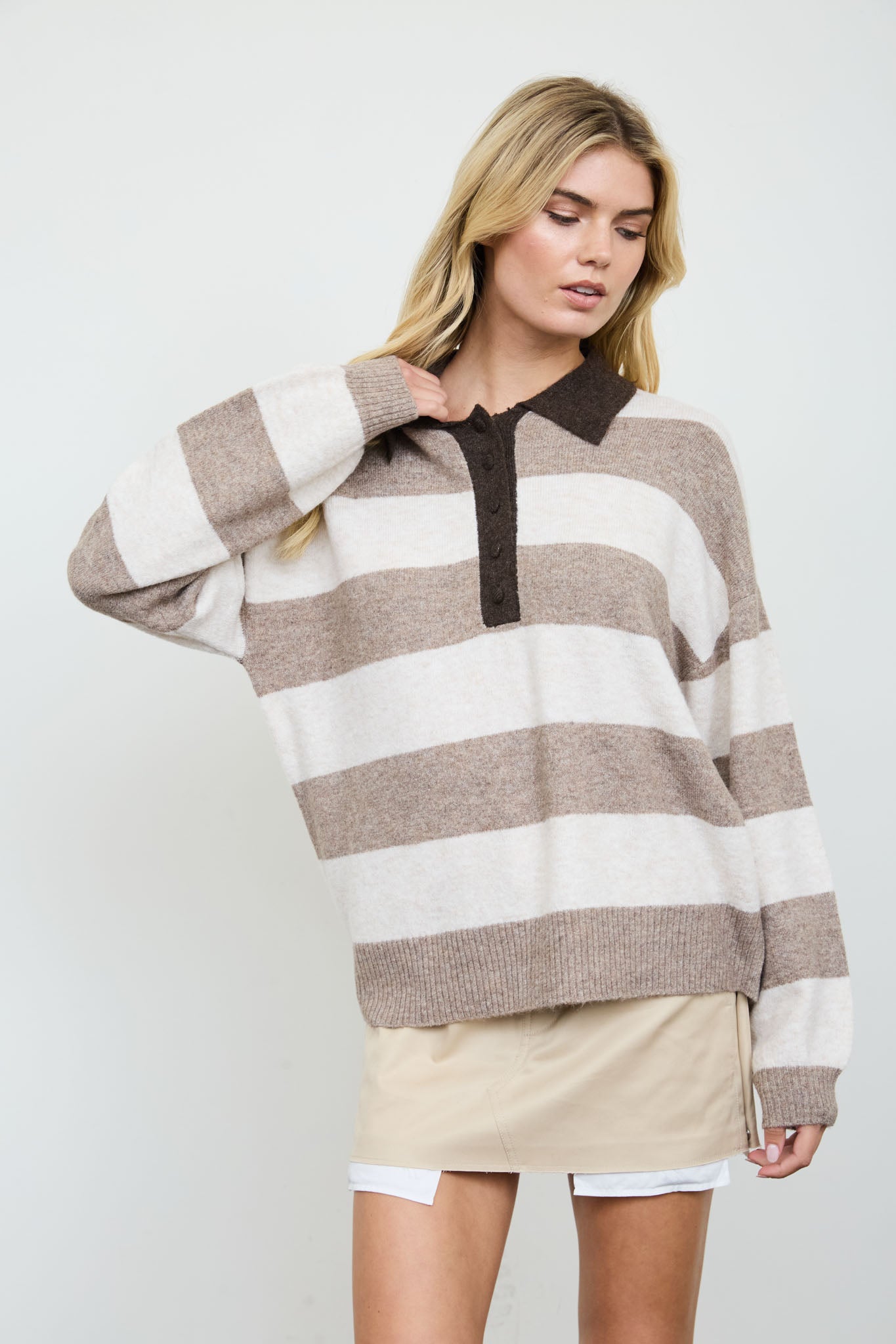 HEATHERED STRIPE POLO COLLAR LONG SLEEVE SWEATER