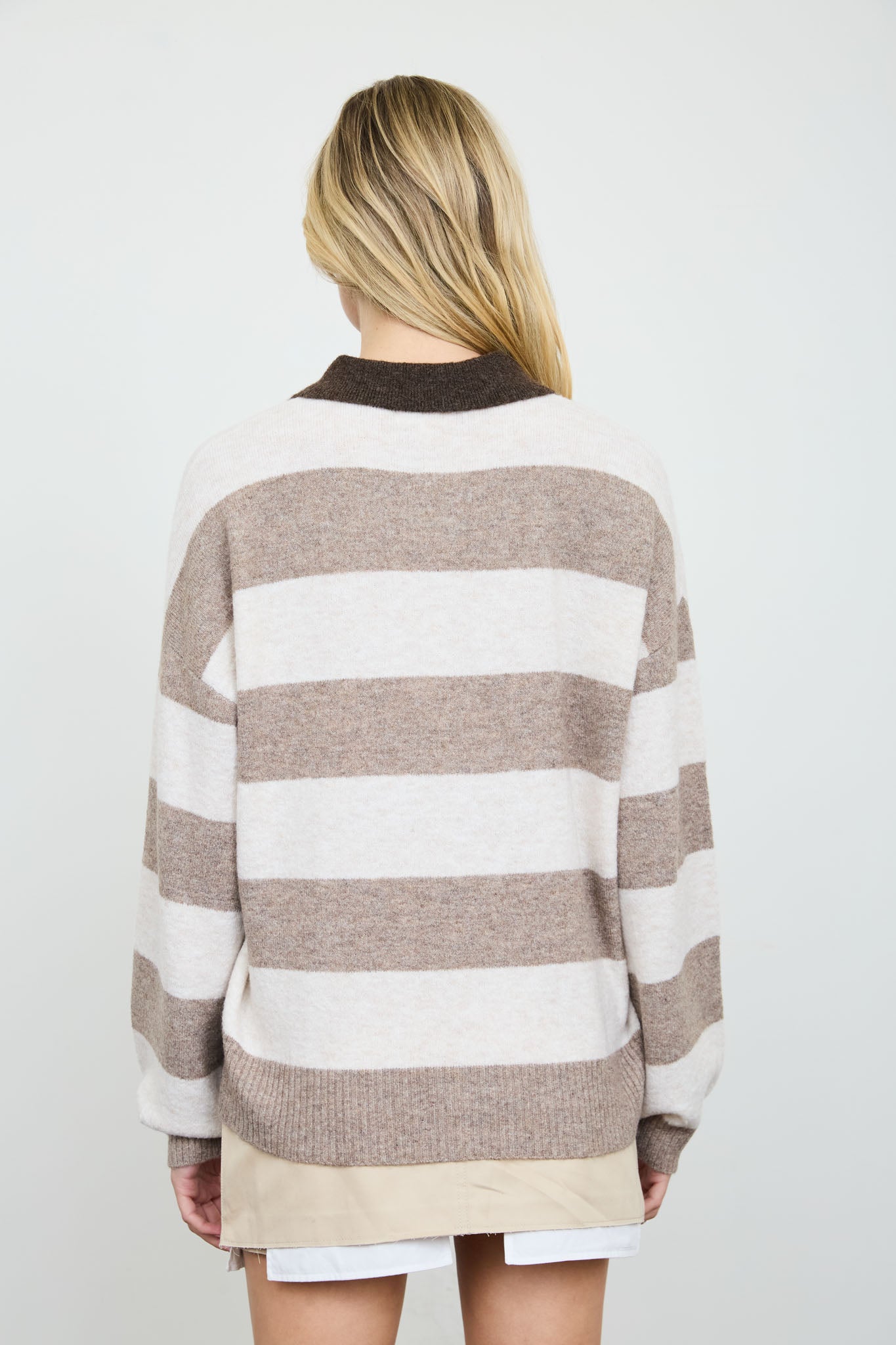 HEATHERED STRIPE POLO COLLAR LONG SLEEVE SWEATER