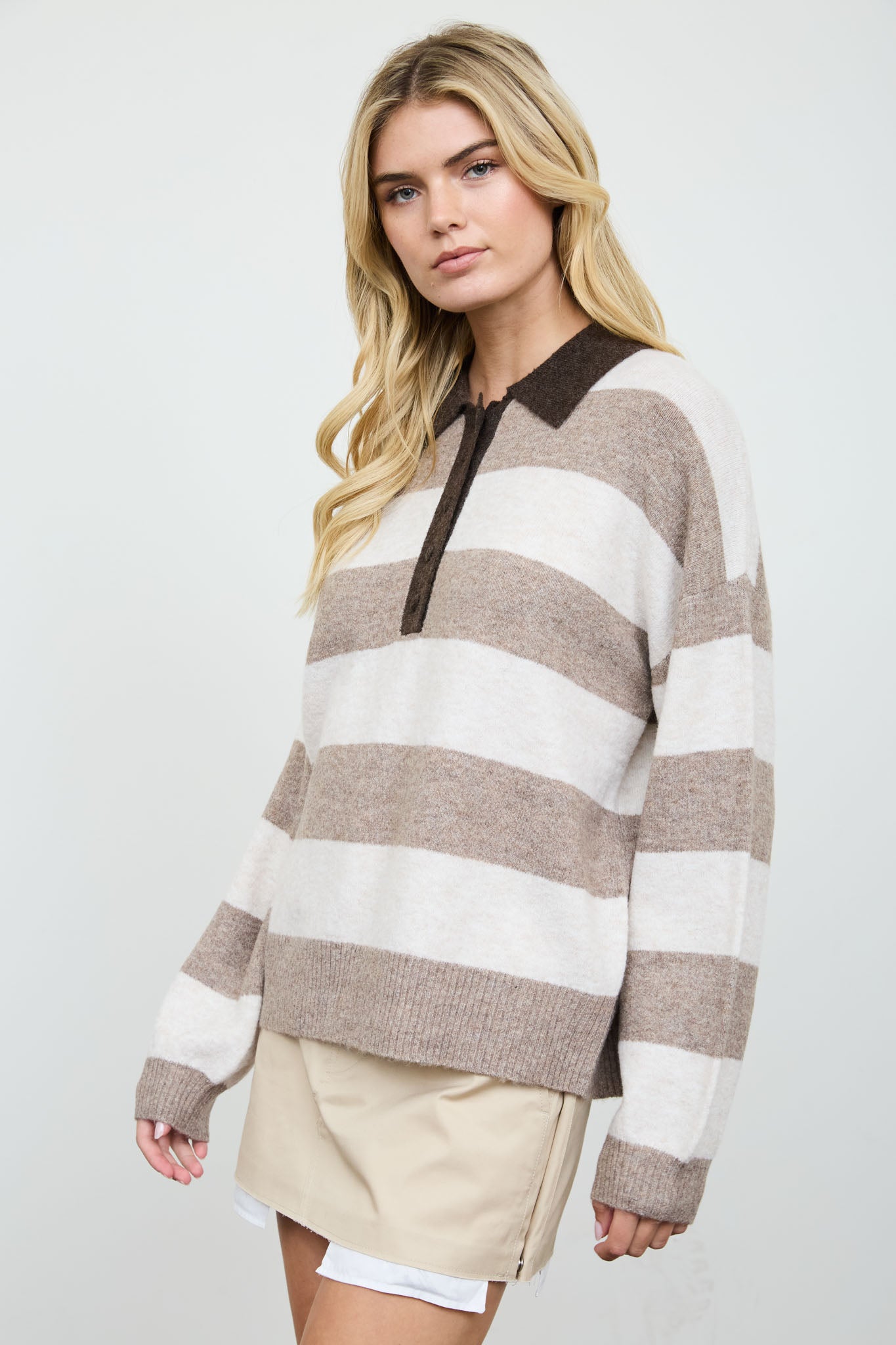 HEATHERED STRIPE POLO COLLAR LONG SLEEVE SWEATER