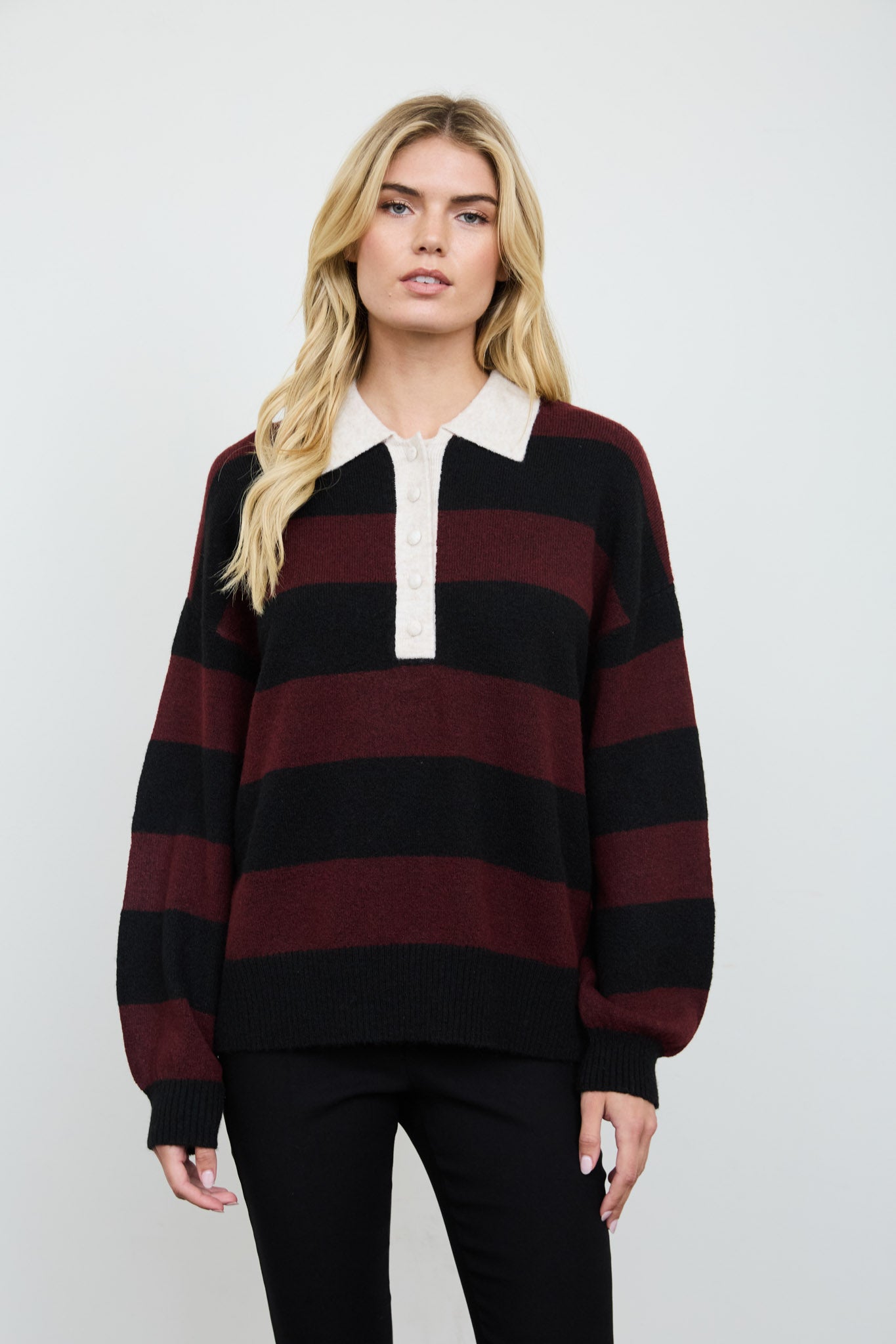 HEATHERED STRIPE POLO COLLAR LONG SLEEVE SWEATER