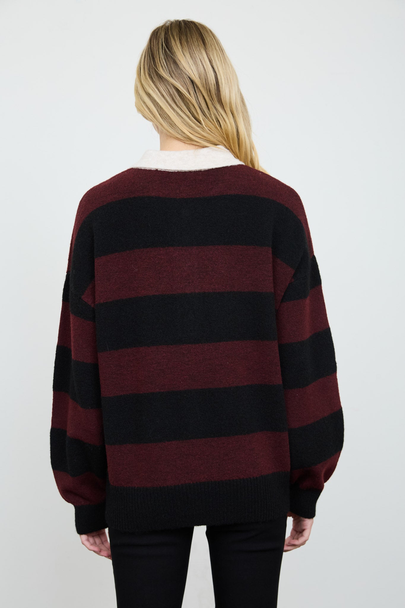 HEATHERED STRIPE POLO COLLAR LONG SLEEVE SWEATER