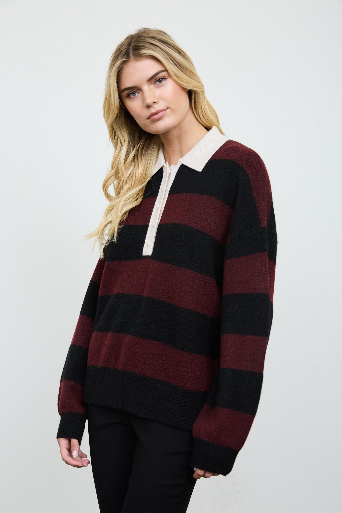 HEATHERED STRIPE POLO COLLAR LONG SLEEVE SWEATER