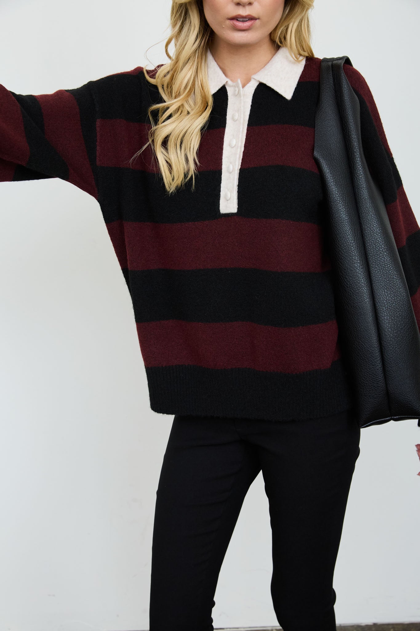 HEATHERED STRIPE POLO COLLAR LONG SLEEVE SWEATER