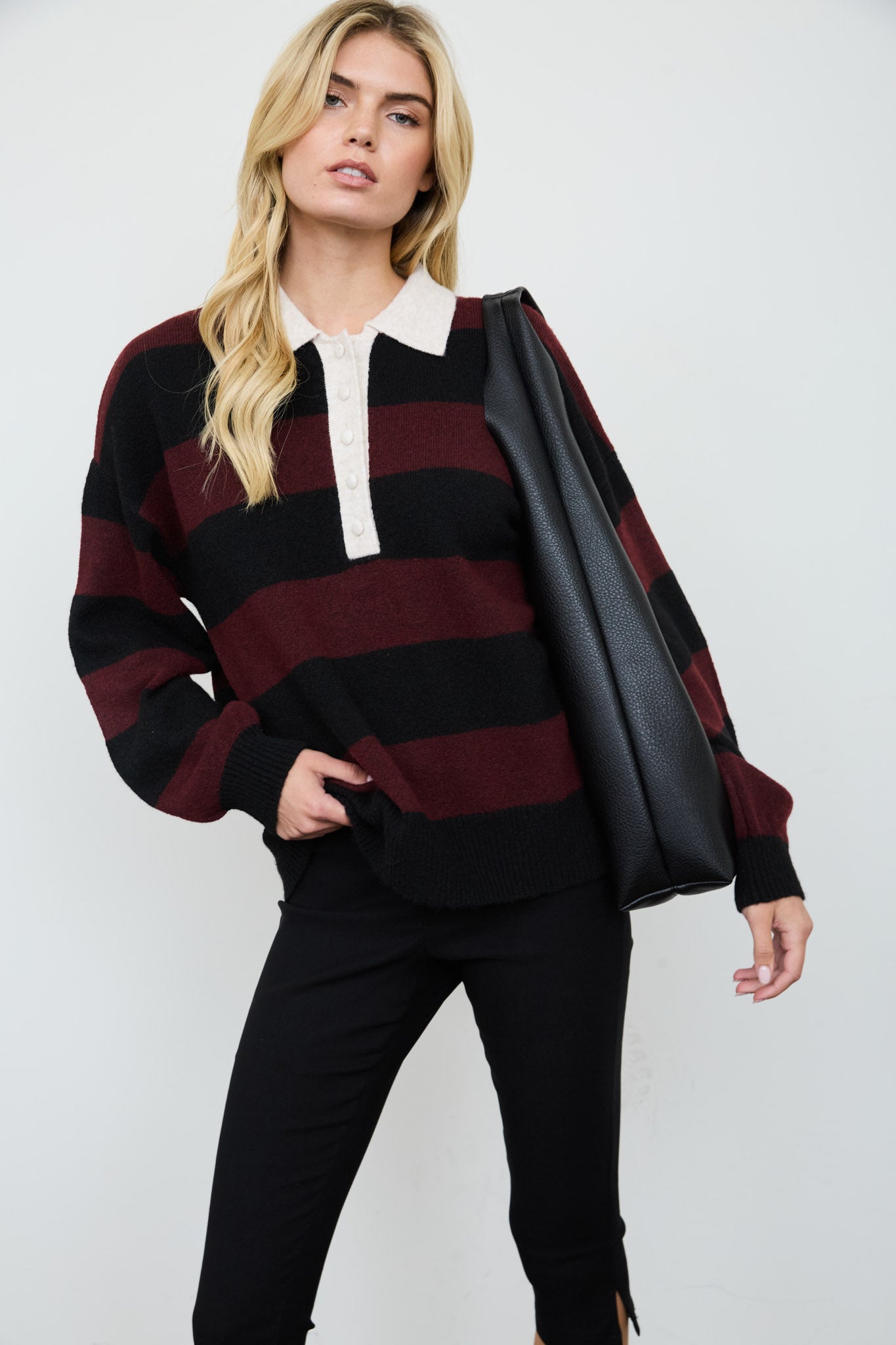 HEATHERED STRIPE POLO COLLAR LONG SLEEVE SWEATER