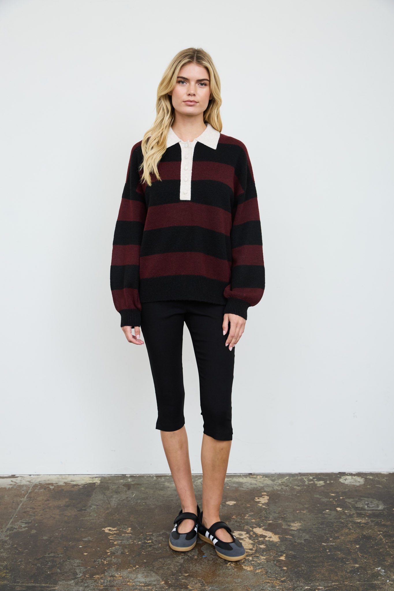 HEATHERED STRIPE POLO COLLAR LONG SLEEVE SWEATER