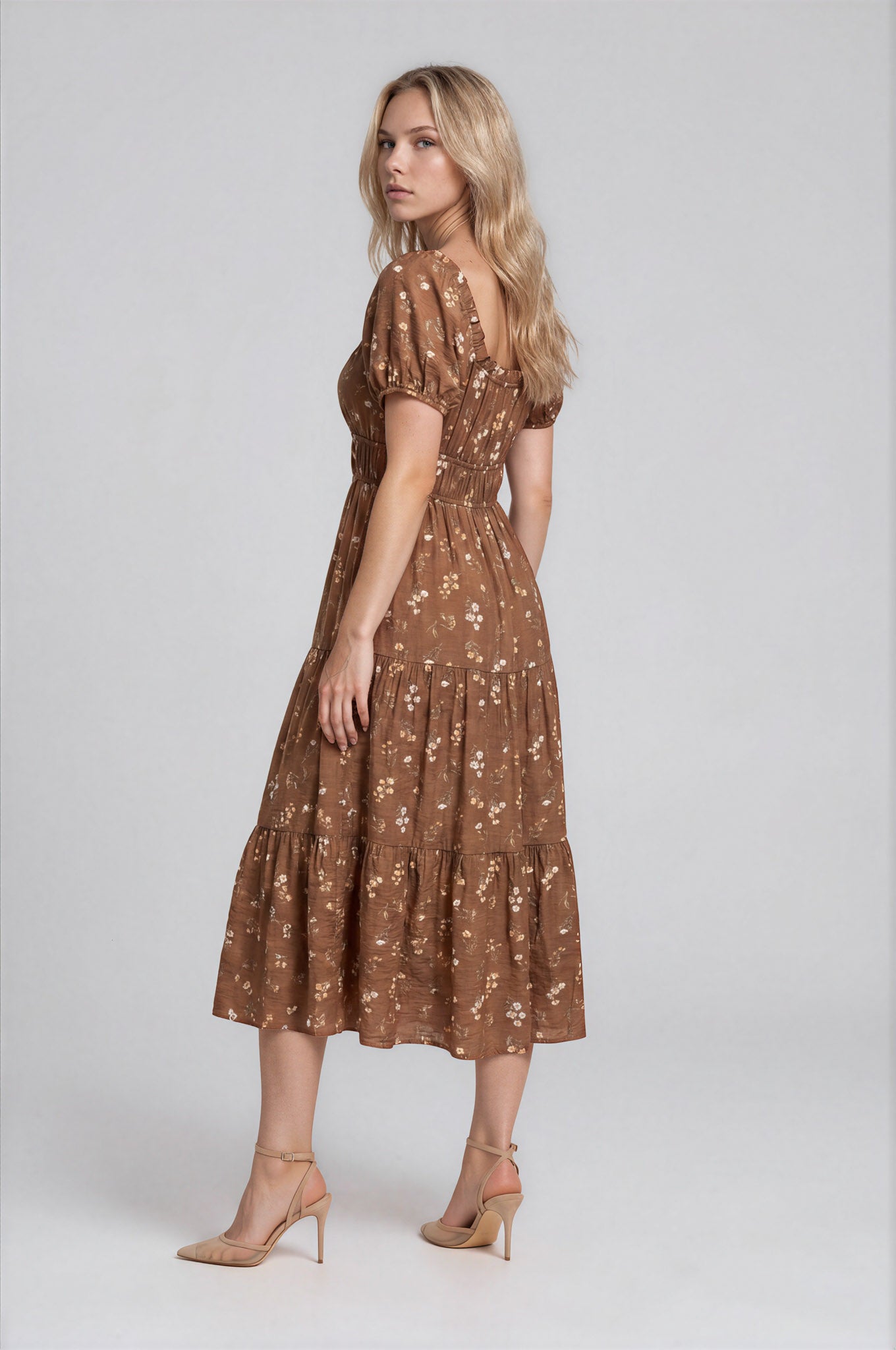 FLORAL PRINT RUFFLE TIERED PUFF SLEEVE MIDI DRESS (PRE-ORDER)