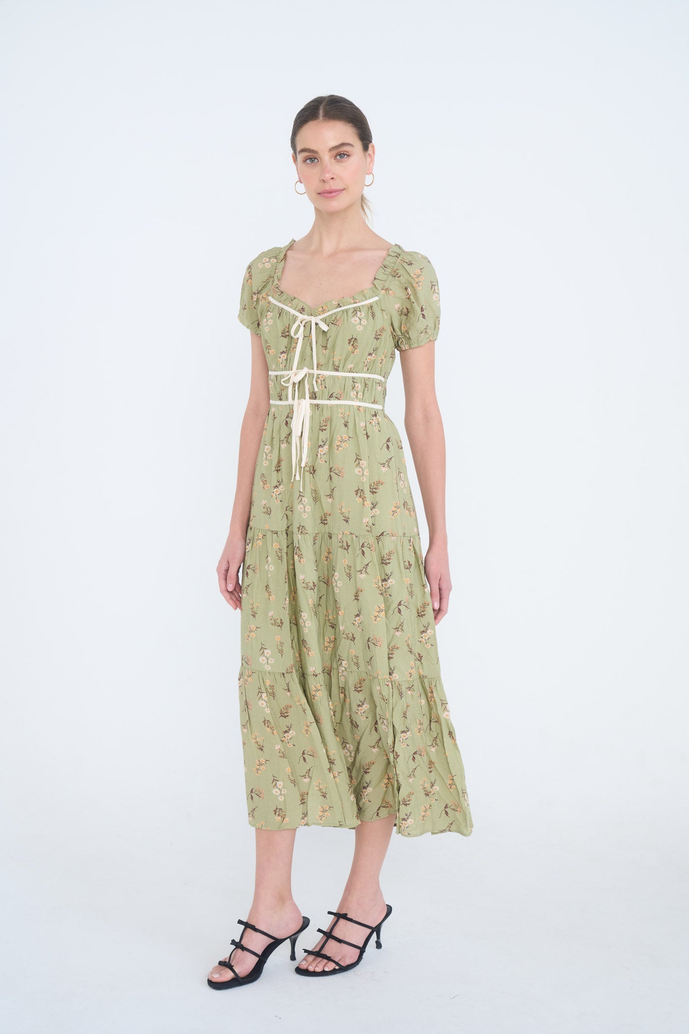 FLORAL PRINT RUFFLE TIERED PUFF SLEEVE MIDI DRESS (PRE-ORDER)