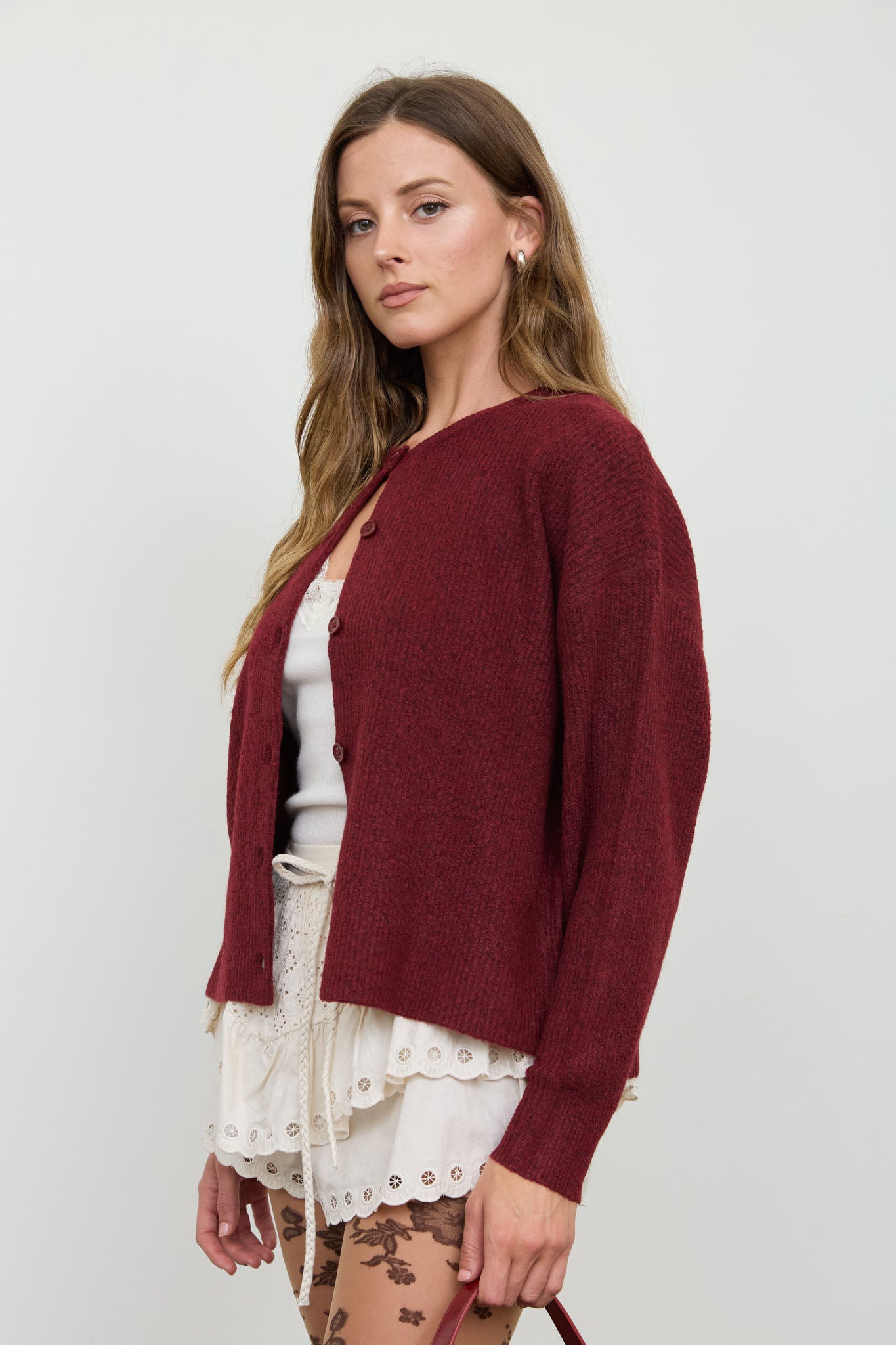 ROUND NECK BUTTON DOWN RIBBED KNIT CARDIGAN