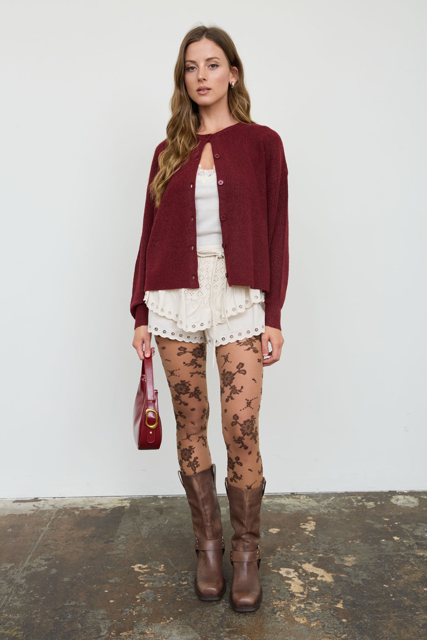 ROUND NECK BUTTON DOWN RIBBED KNIT CARDIGAN