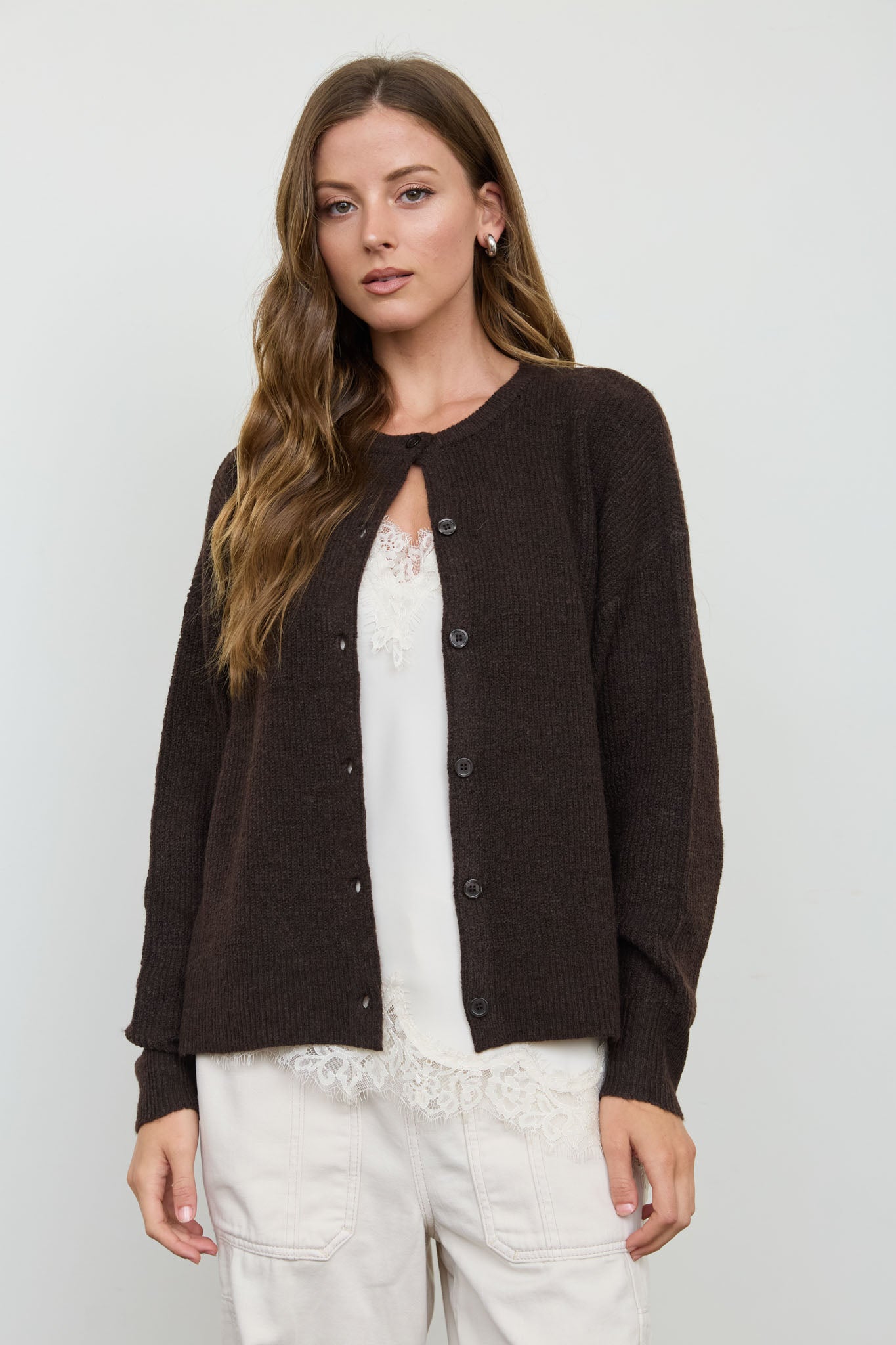 ROUND NECK BUTTON DOWN RIBBED KNIT CARDIGAN