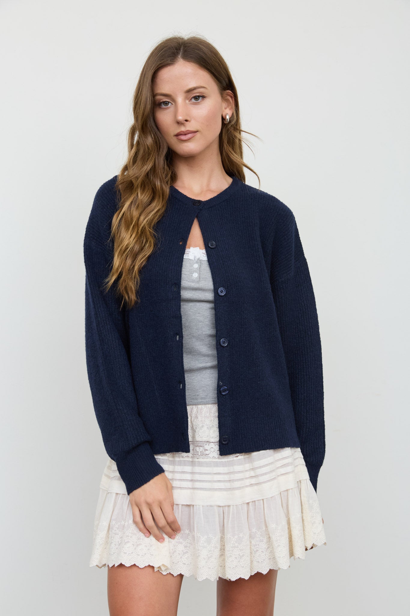 ROUND NECK BUTTON DOWN RIBBED KNIT CARDIGAN