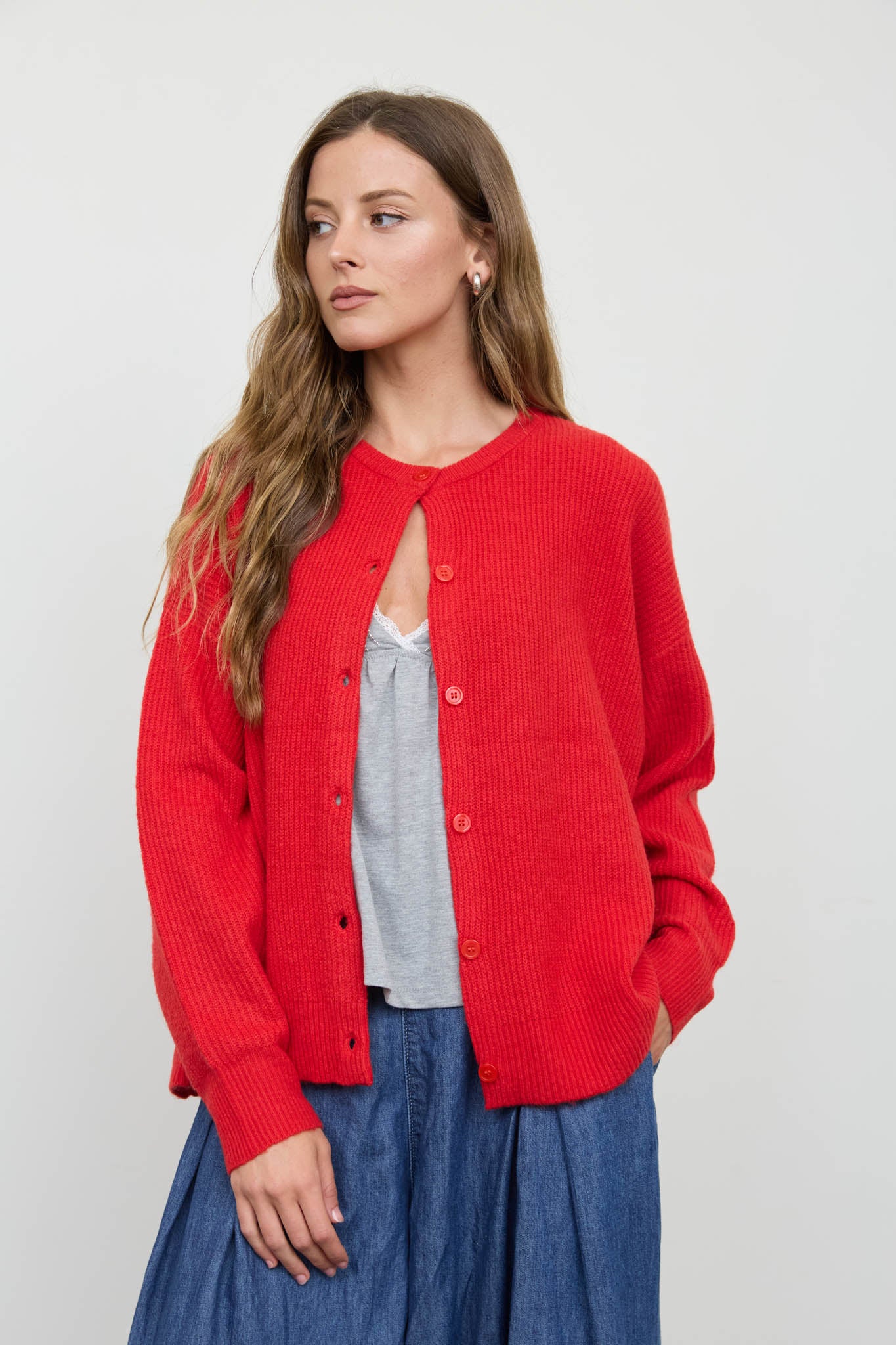 ROUND NECK BUTTON DOWN RIBBED KNIT CARDIGAN