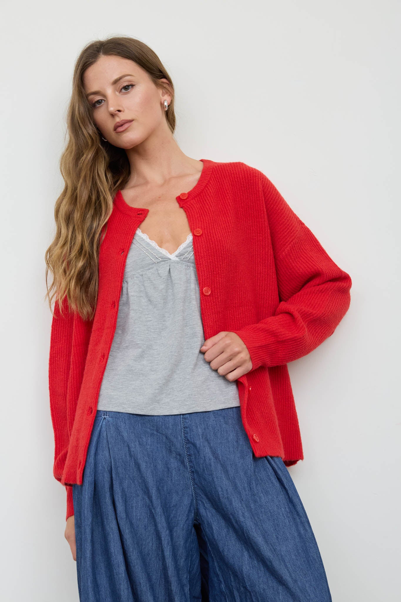 ROUND NECK BUTTON DOWN RIBBED KNIT CARDIGAN