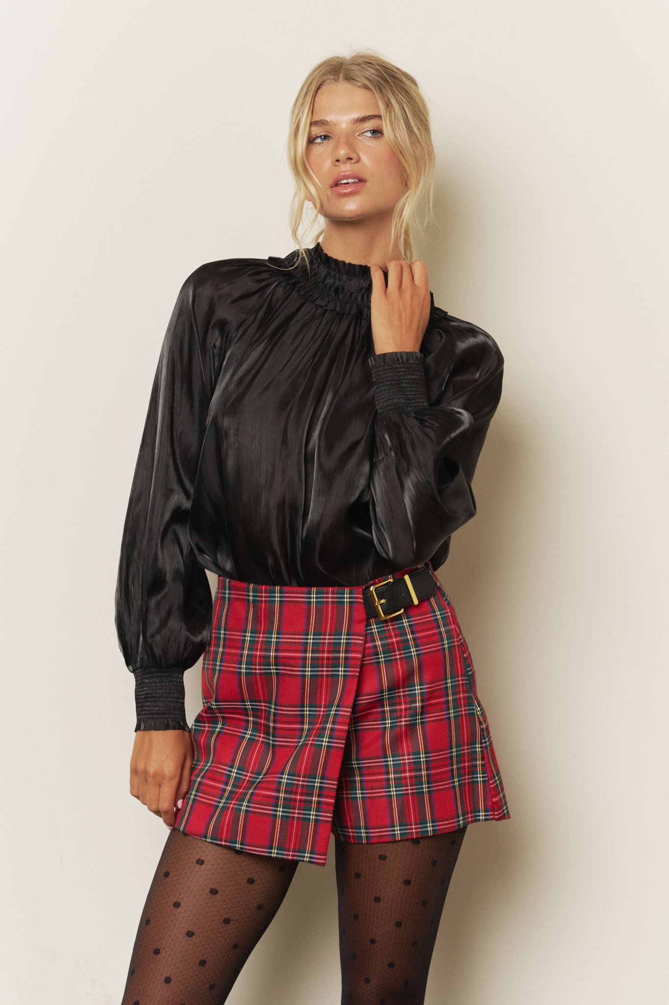 SMOCKED NECK SHIMMER LONG SLEEVE BLOUSE