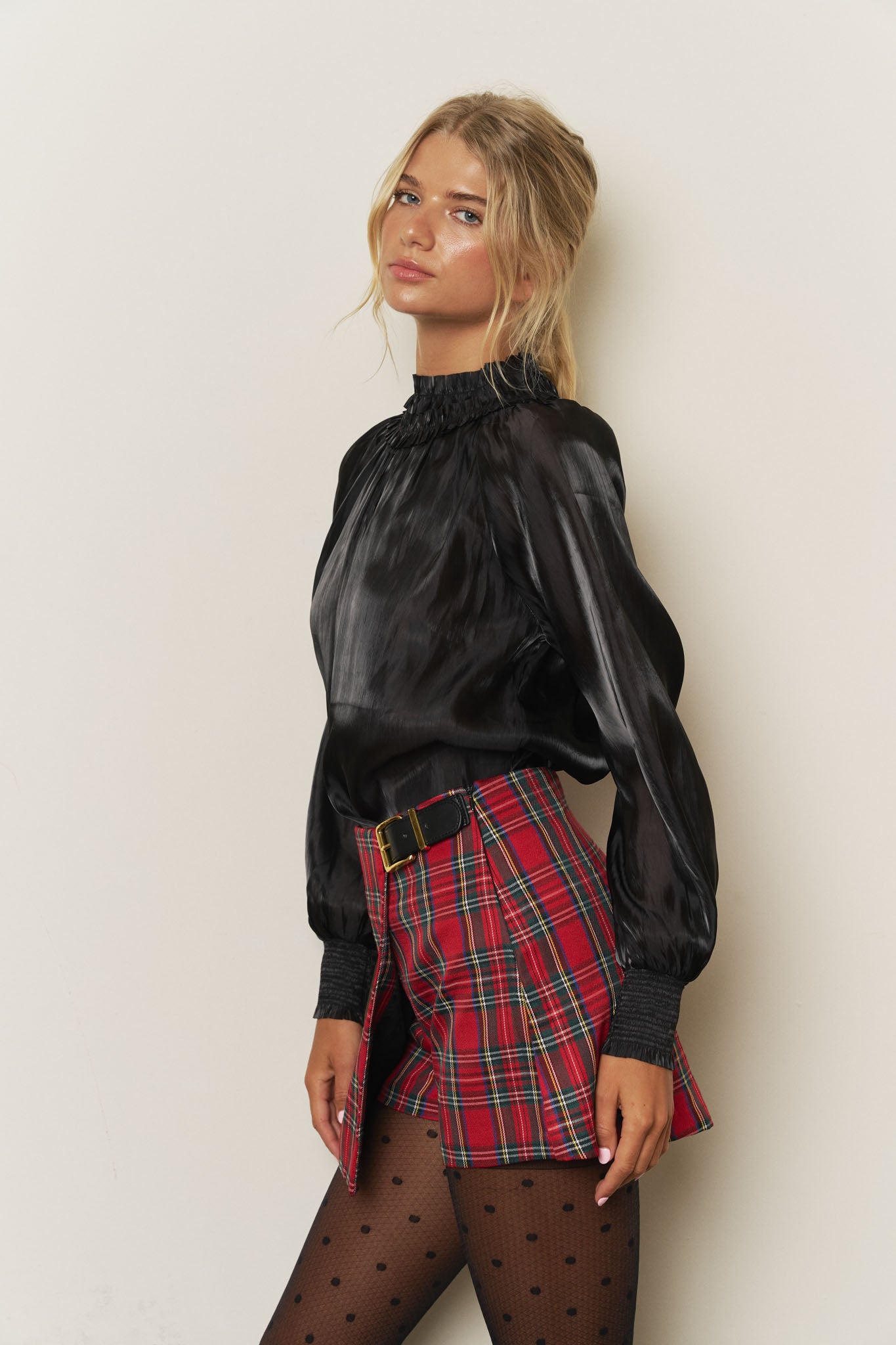 SMOCKED NECK SHIMMER LONG SLEEVE BLOUSE