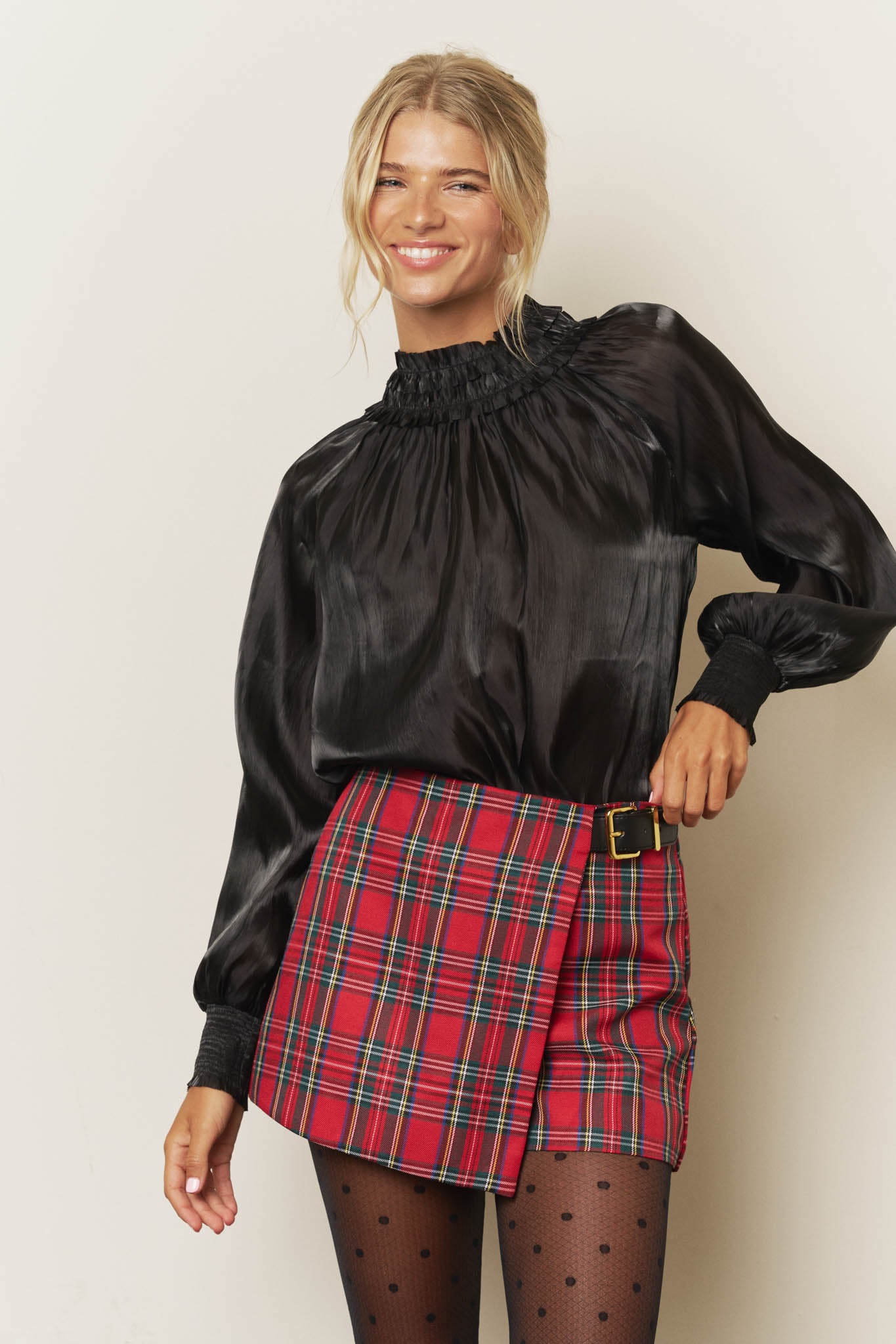 SMOCKED NECK SHIMMER LONG SLEEVE BLOUSE