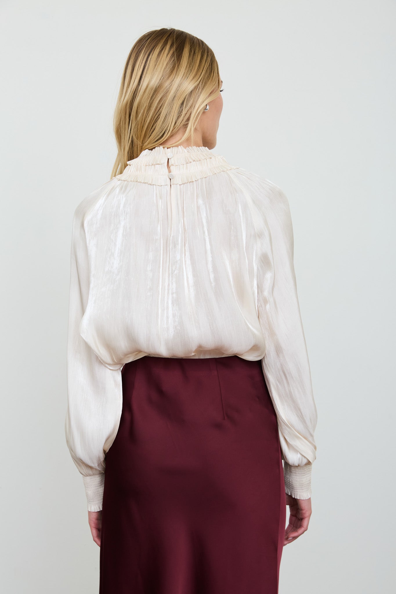 SMOCKED NECK SHIMMER LONG SLEEVE BLOUSE