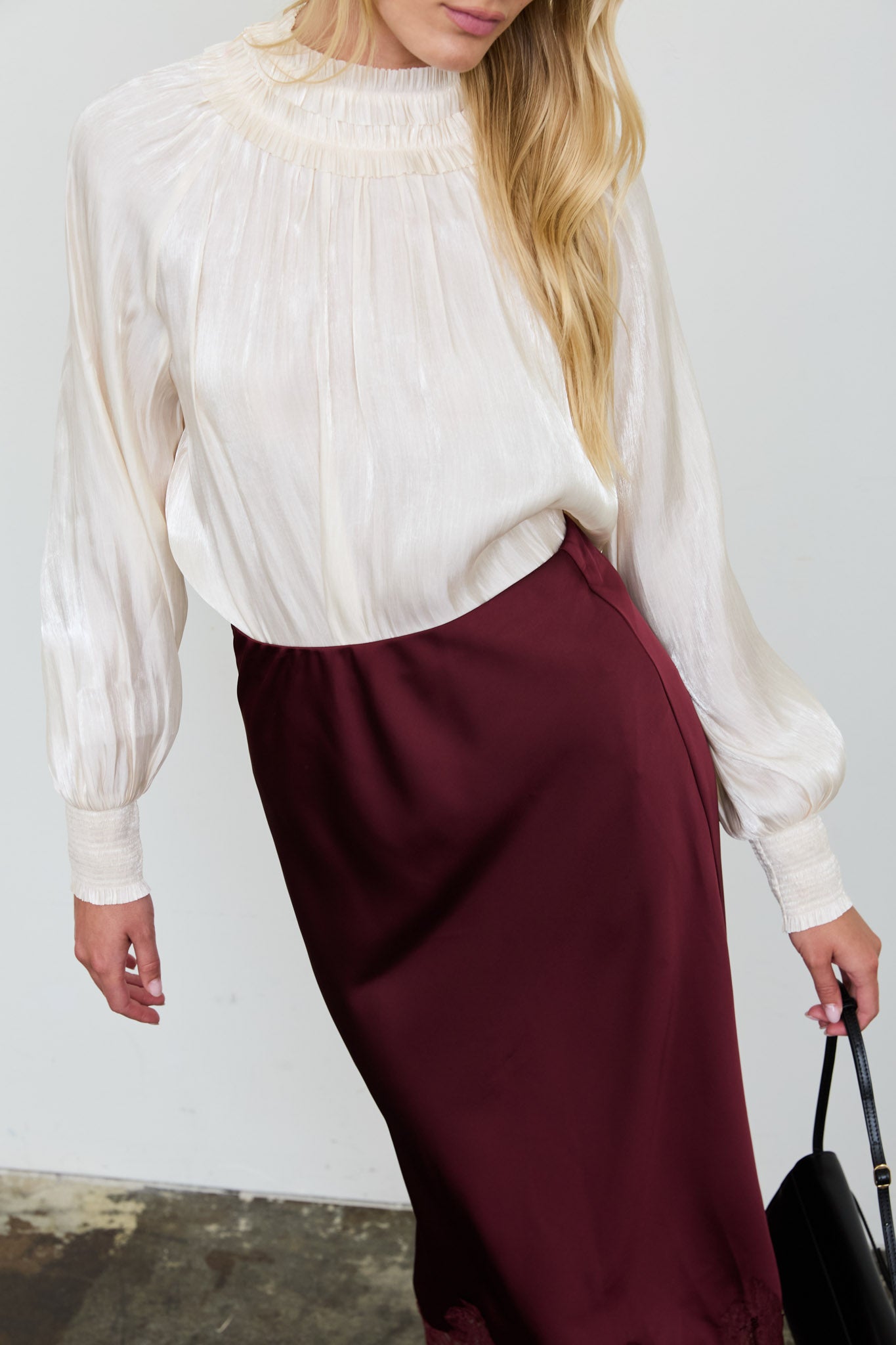 SMOCKED NECK SHIMMER LONG SLEEVE BLOUSE