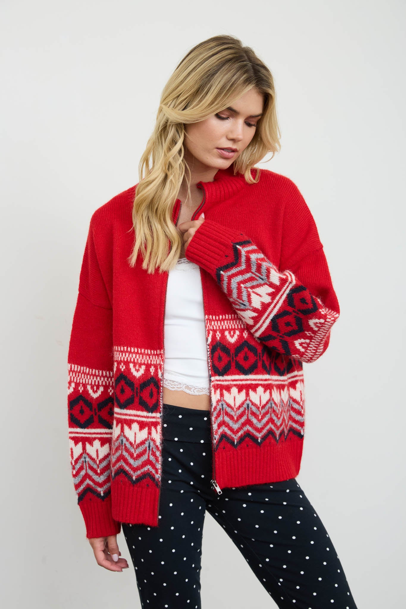 FAIR ISLE ZIP FRONT KNIT CARDIGAN