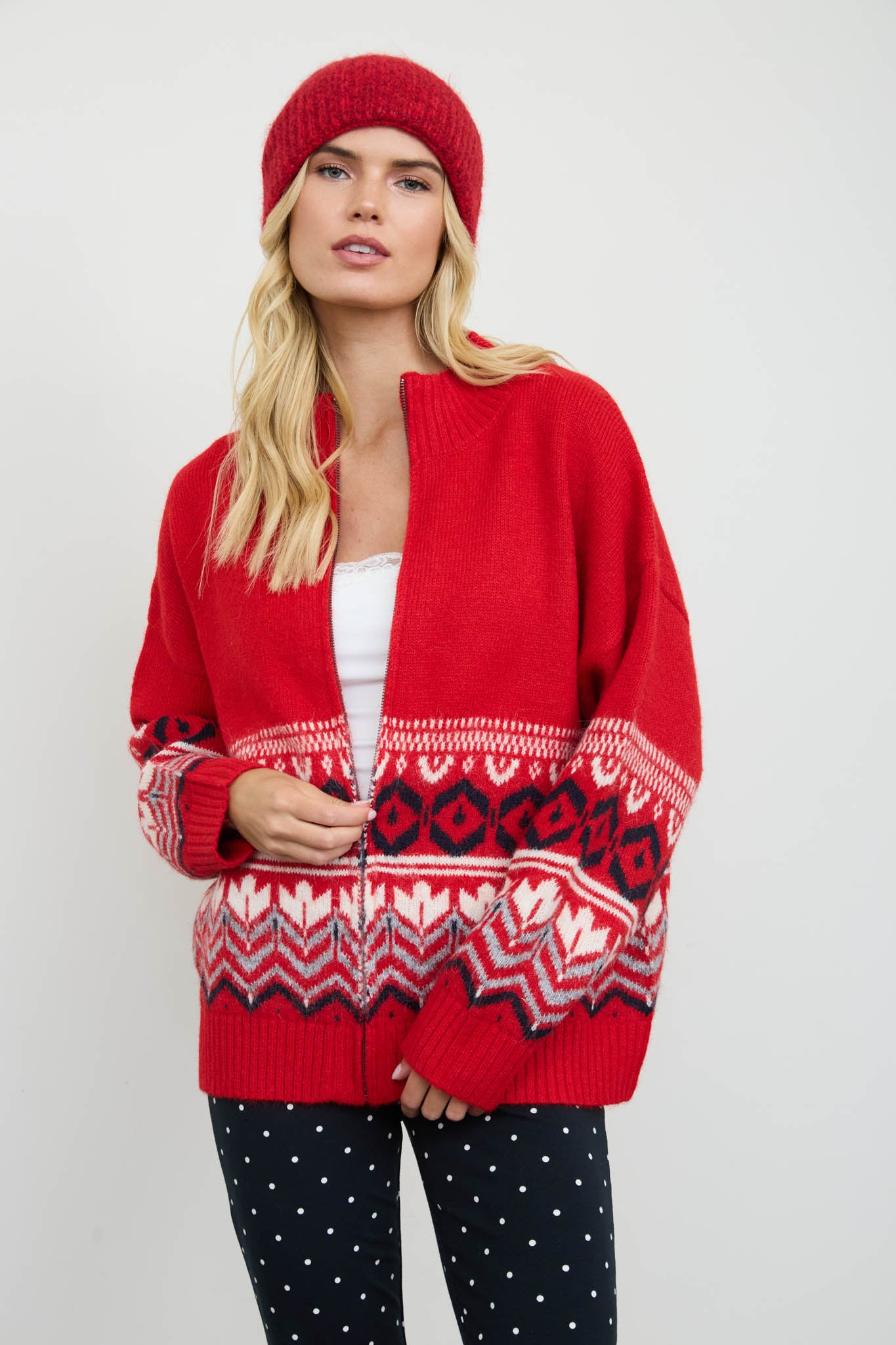 FAIR ISLE ZIP FRONT KNIT CARDIGAN