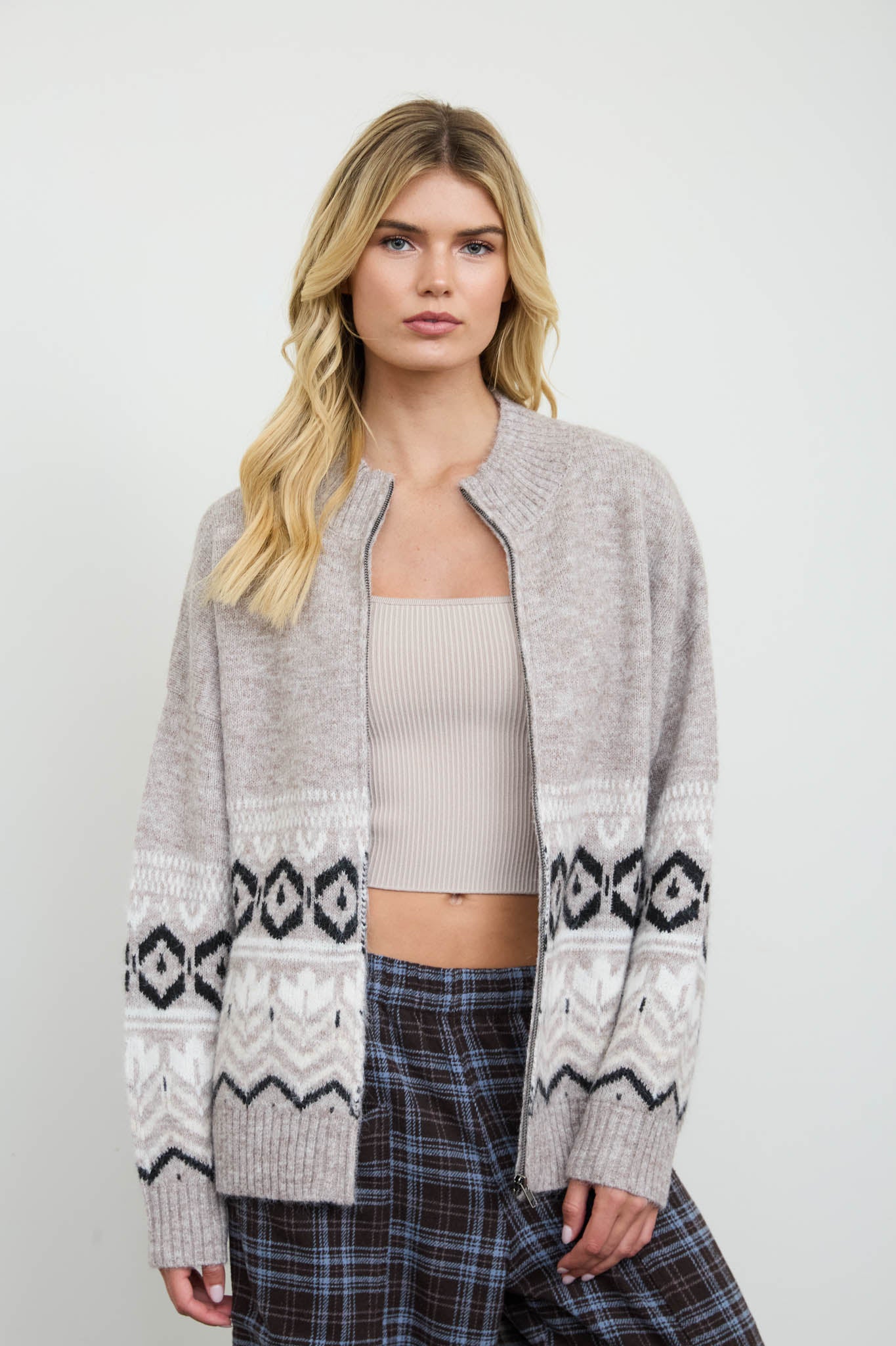 FAIR ISLE ZIP FRONT KNIT CARDIGAN