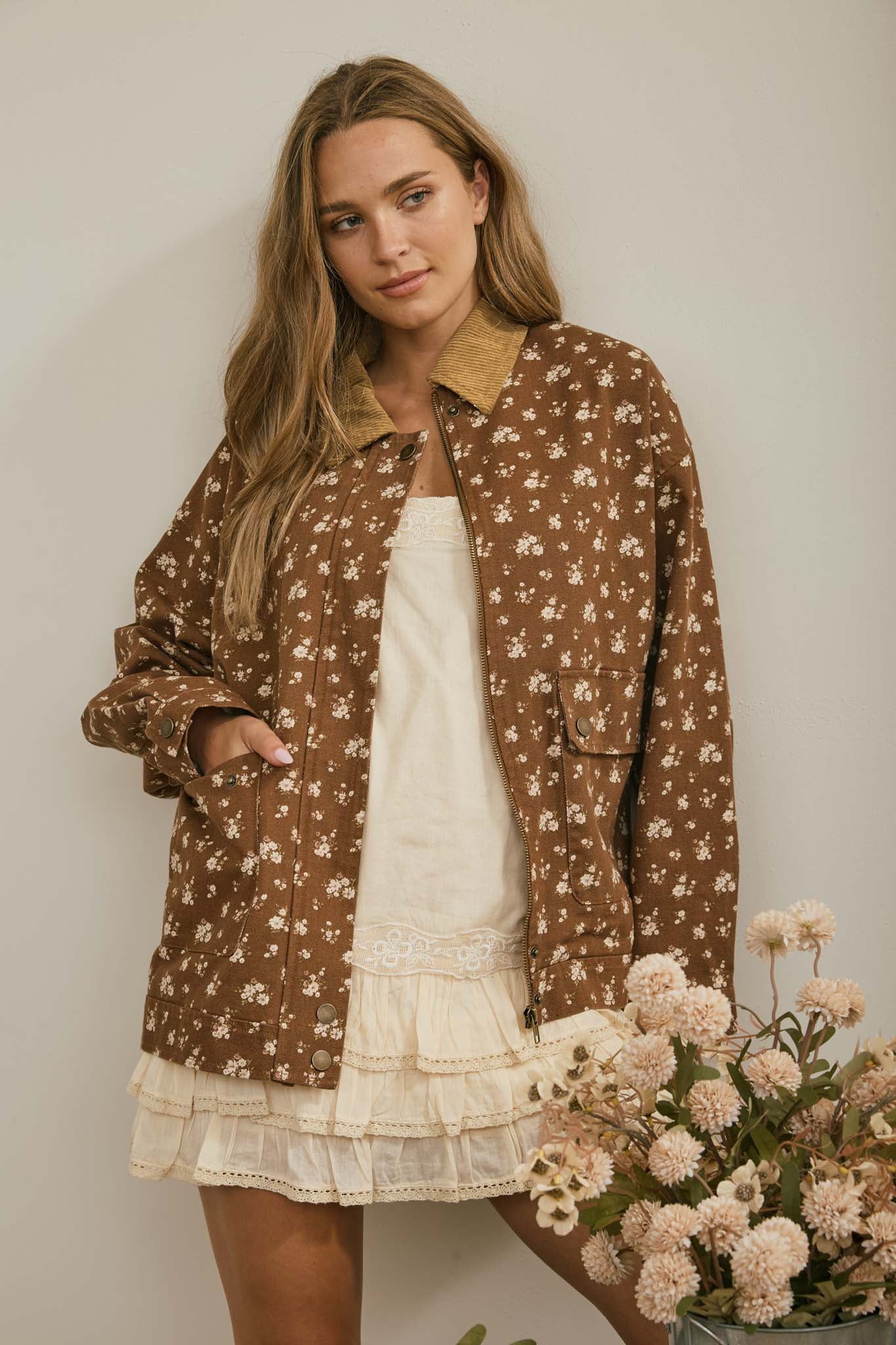 FLORAL CORDUROY COLLAR BUTTON DOWN DENIM JACKET (PRE-ORDER)