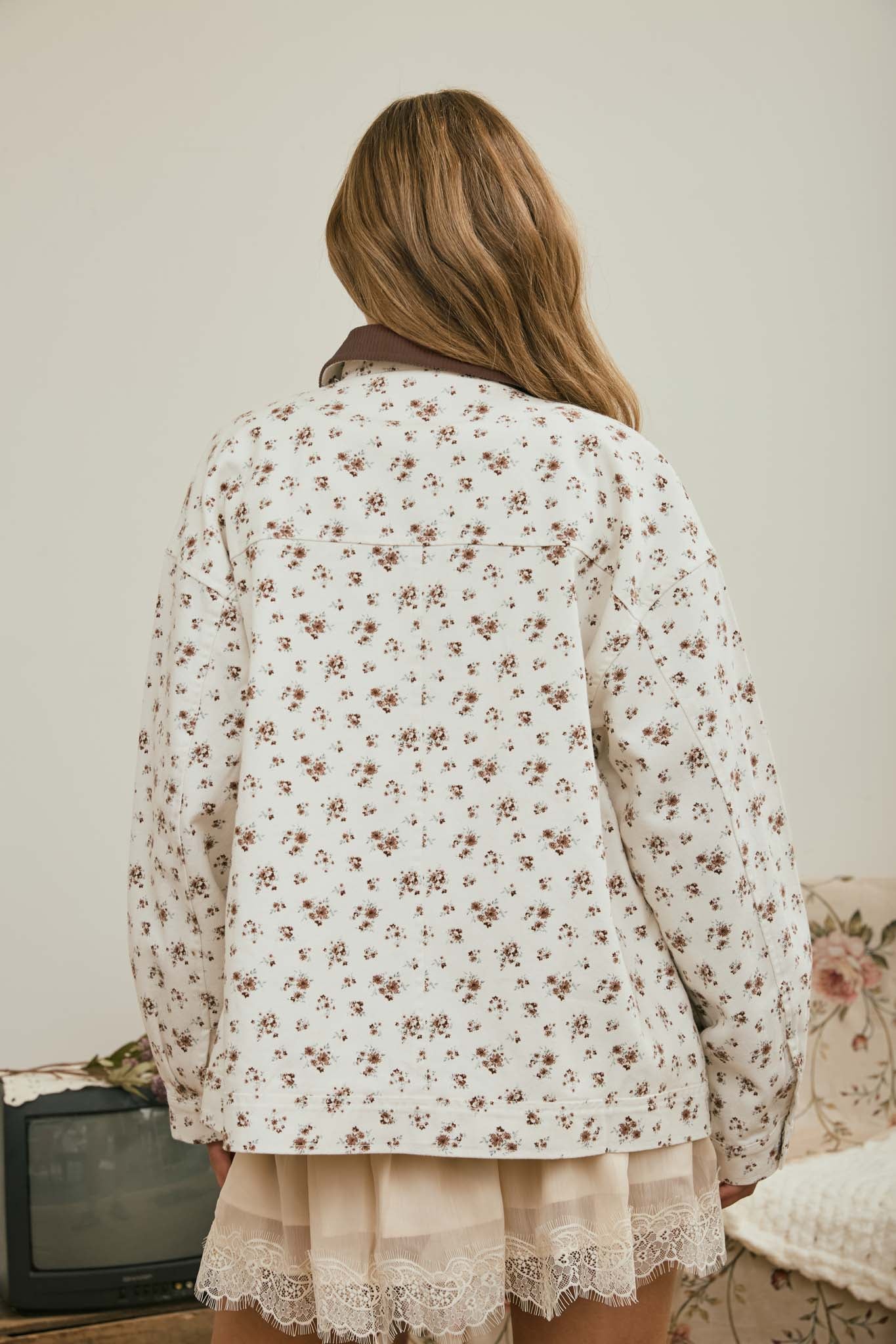 FLORAL CORDUROY COLLAR BUTTON DOWN DENIM JACKET (PRE-ORDER)