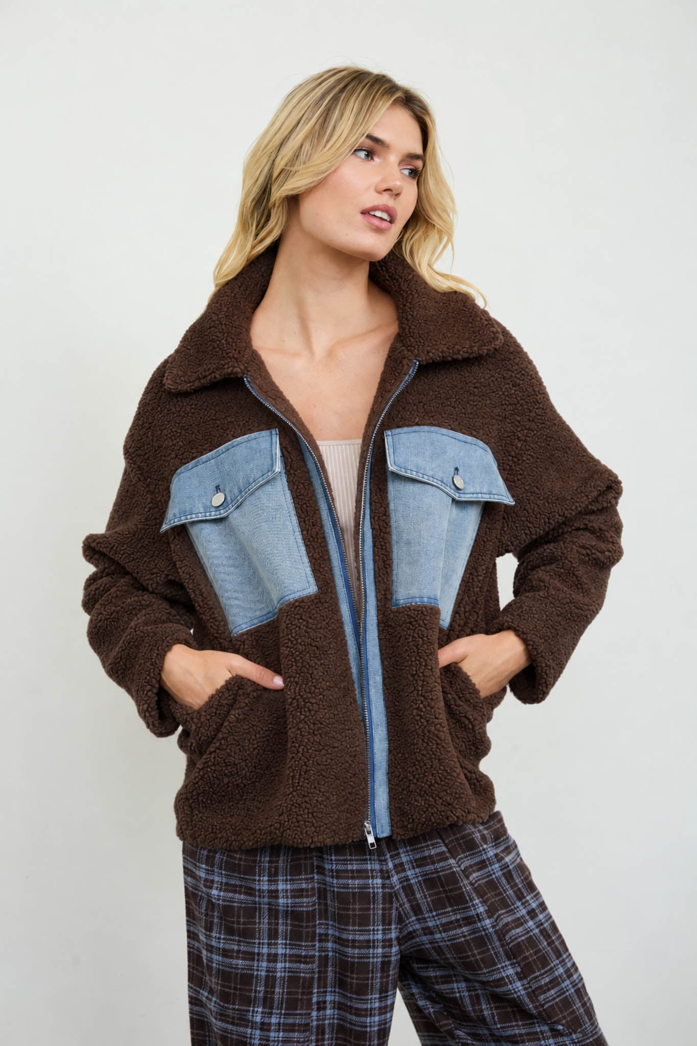 SHERPA DENIM POCKET ZIP-UP JACKET