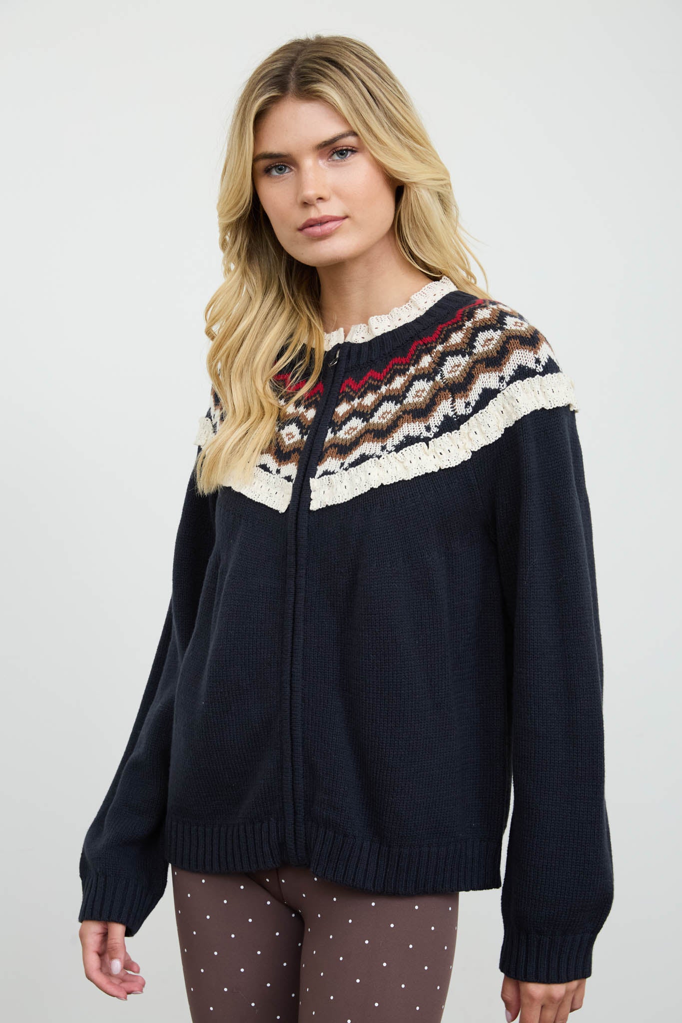 FAIR ISLE RUFFLE TRIM ZIP KNIT JACKET