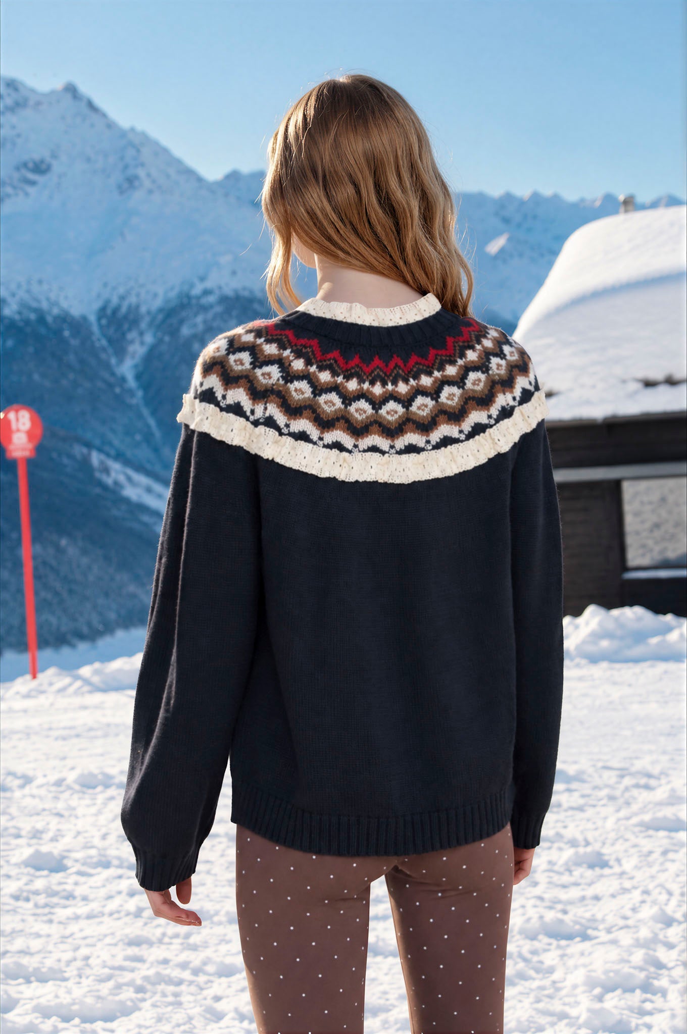 FAIR ISLE RUFFLE TRIM ZIP KNIT JACKET