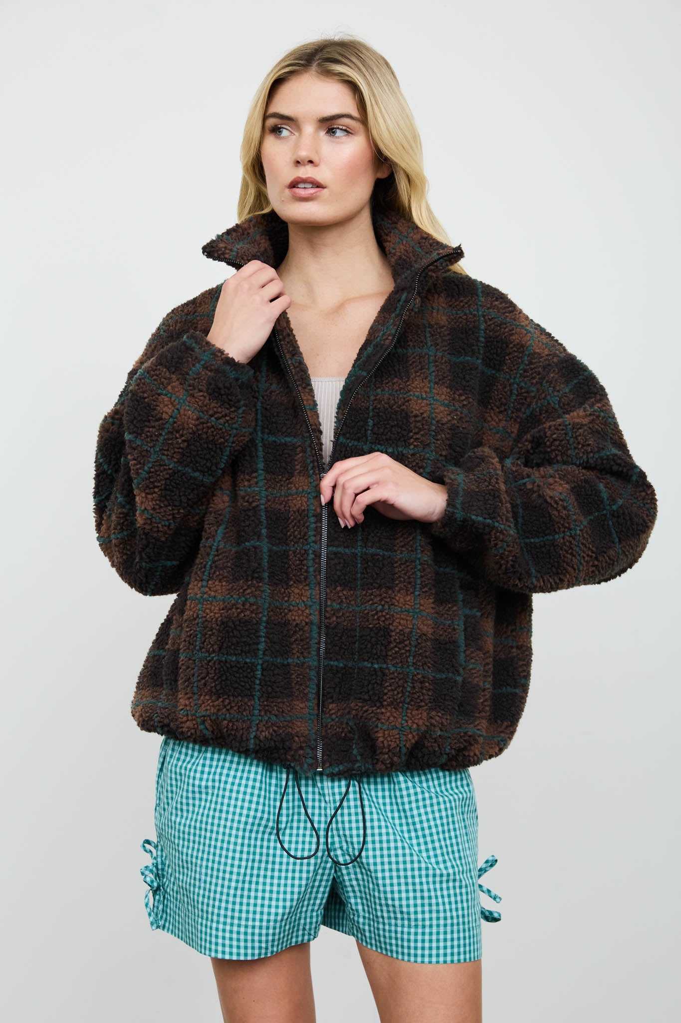 PLAID SHERPA MOCK NECK ZIP-UP JACKET