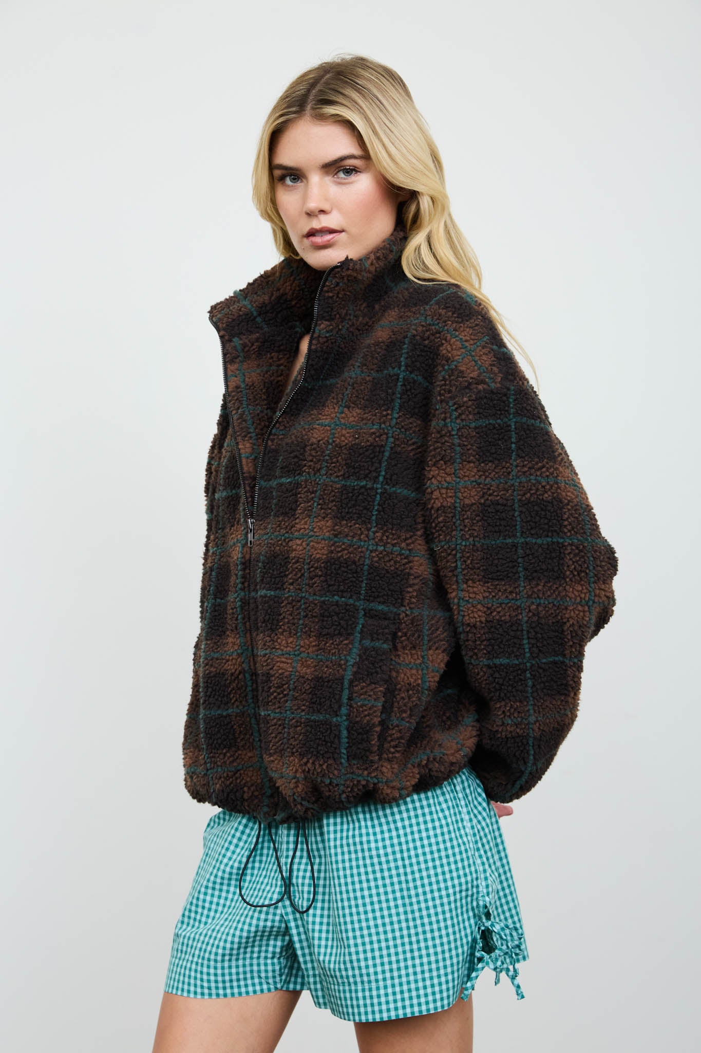 PLAID SHERPA MOCK NECK ZIP-UP JACKET