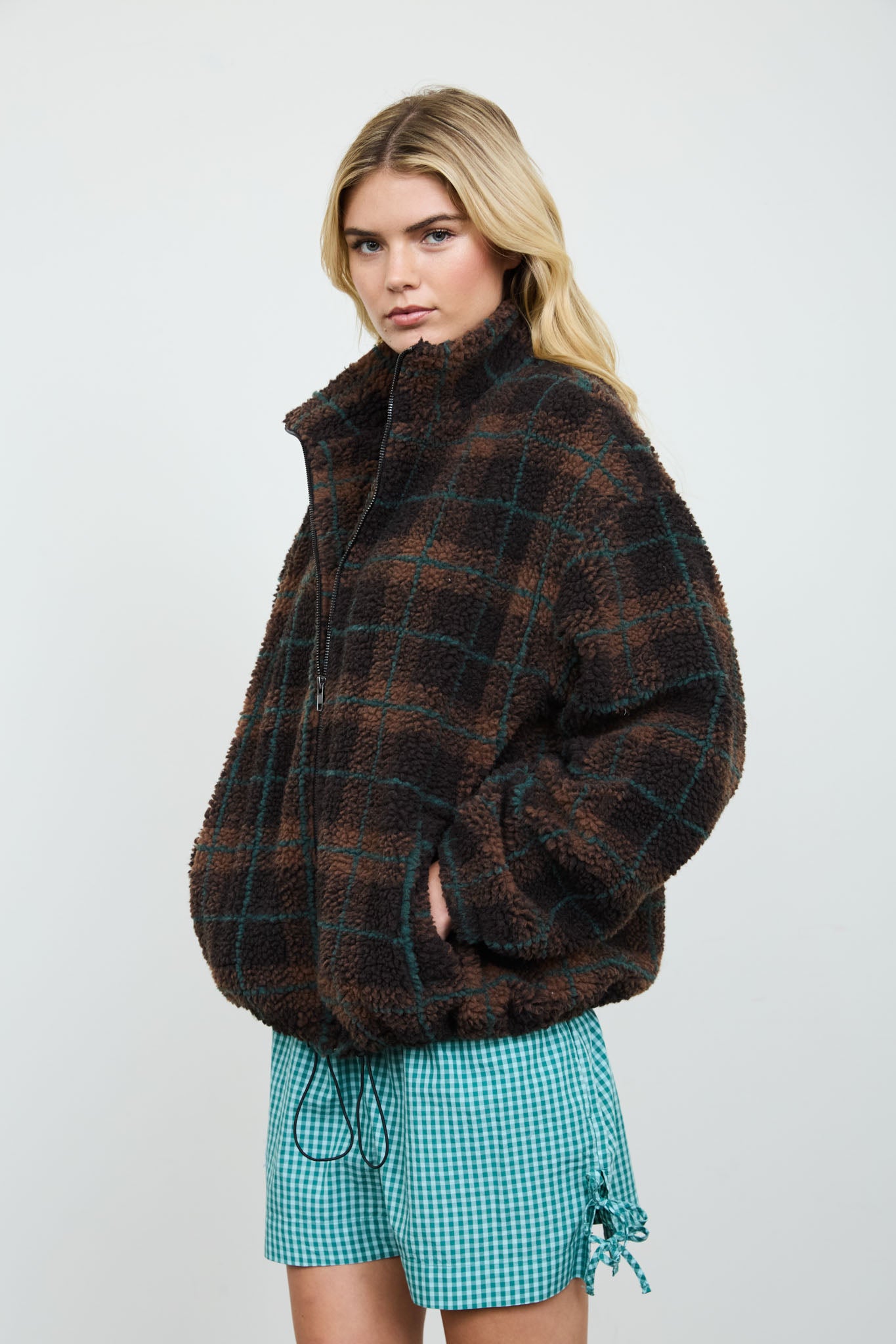 PLAID SHERPA MOCK NECK ZIP-UP JACKET
